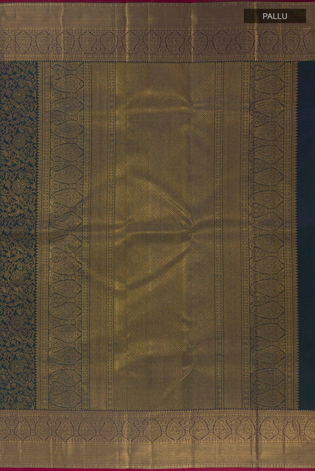 Close up image of the pallu of Pure Silk Bottle Green Kanchipuram Saree with Zari Brocade on the body and Zari Border. 