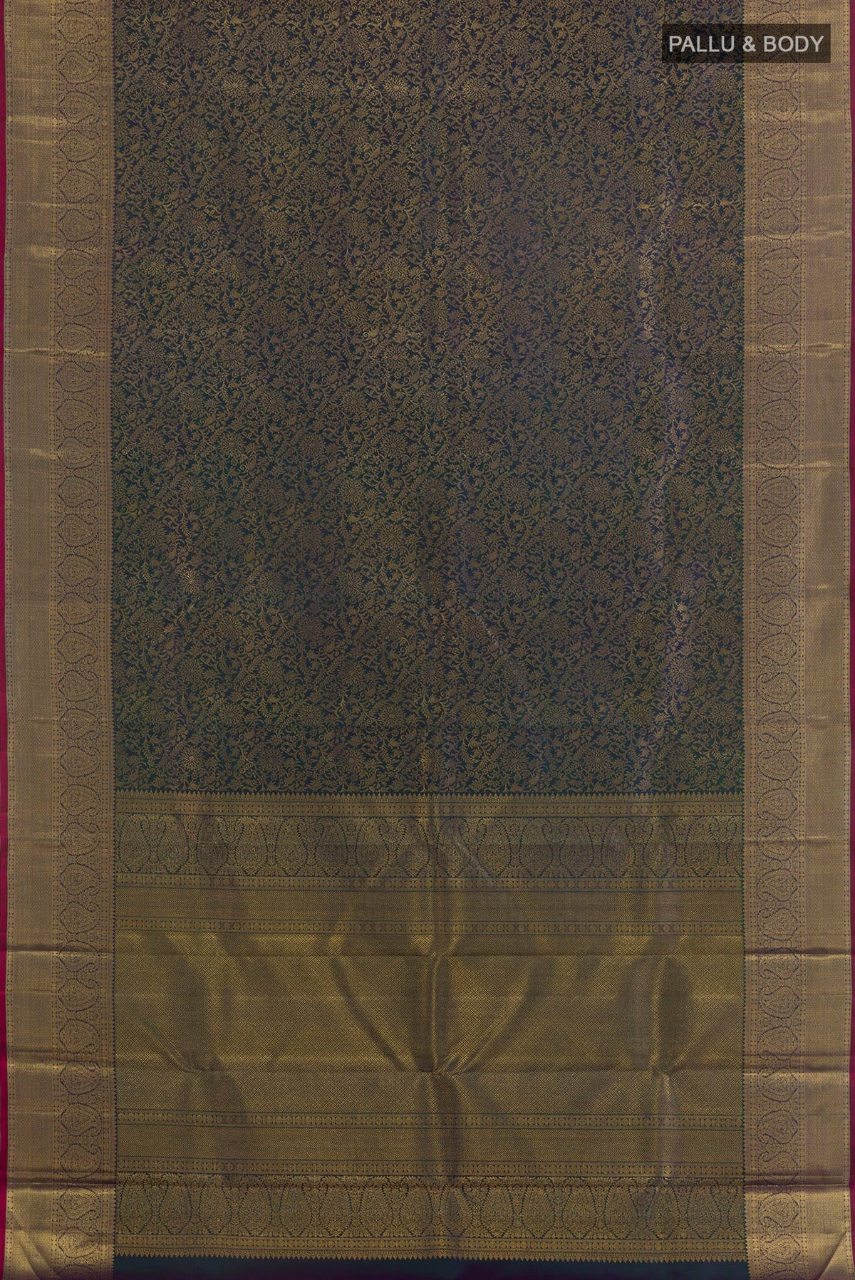 Flat view of Pure Silk Bottle Green Kanchipuram Saree with Zari Brocade on the body and Zari Border. 
