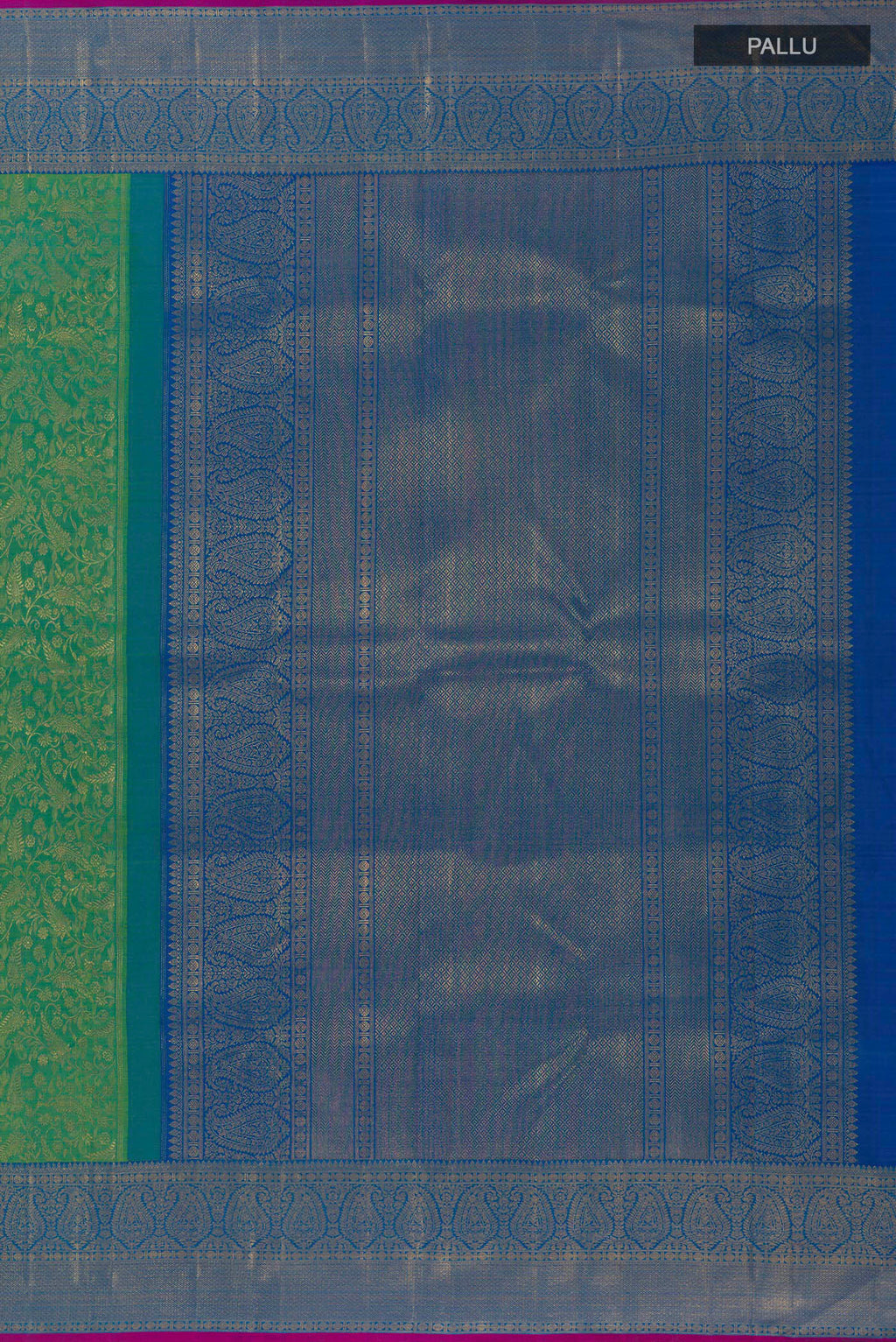 Close up image of the pallu of Pure Silk Green Kanchipuram Saree with Zari Brocade on the body and Zari Border. 