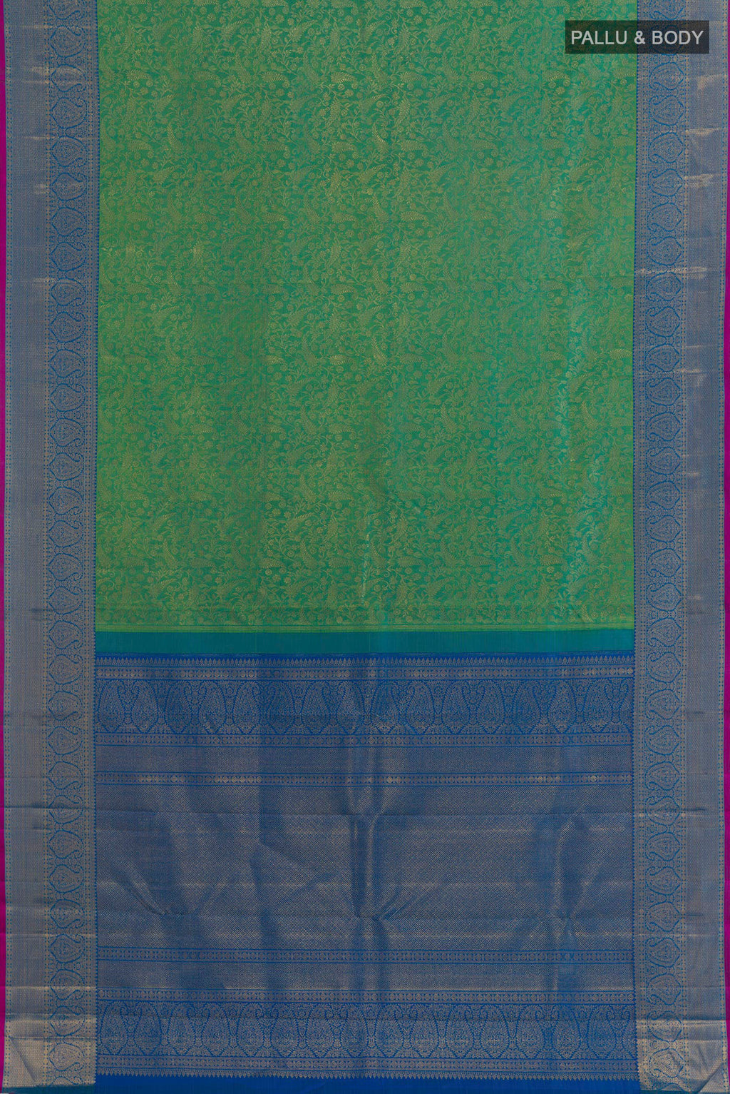 Flat view of Pure Silk Green Kanchipuram Saree with Zari Brocade on the body and Zari Border. 