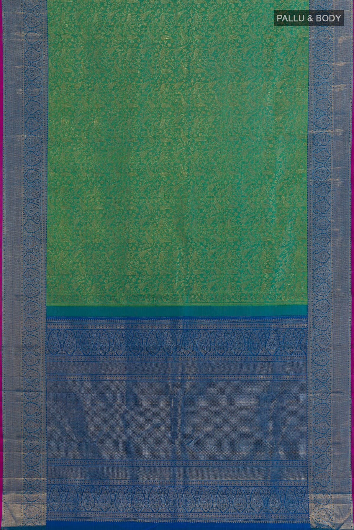 Flat view of Pure Silk Green Kanchipuram Saree with Zari Brocade on the body and Zari Border. 