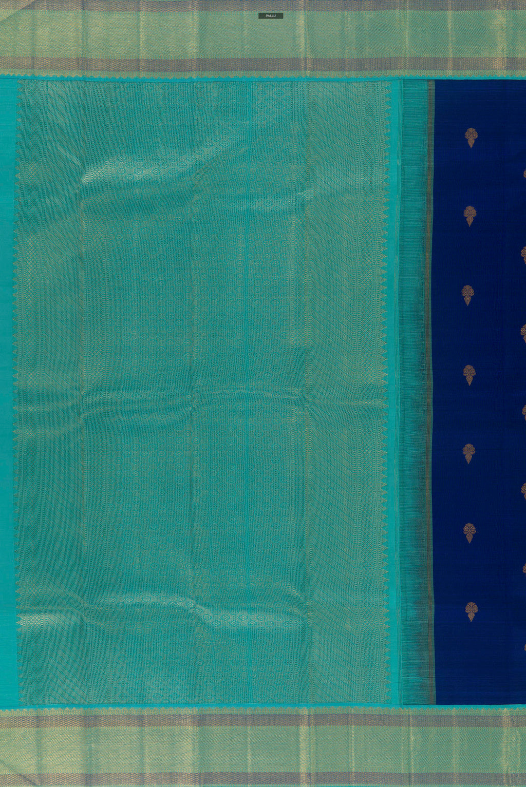 Close up image of the pallu of Pure Silk Blue Kanchipuram Saree with Zari Butta on the body and Zari Border. 