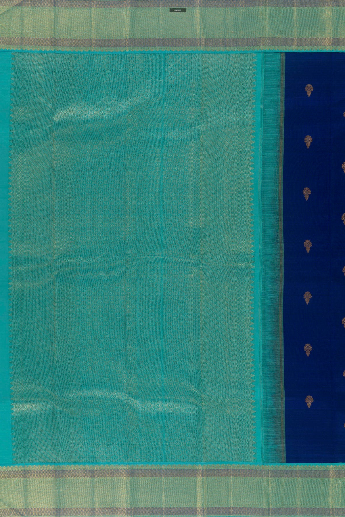 Close up image of the pallu of Pure Silk Blue Kanchipuram Saree with Zari Butta on the body and Zari Border. 