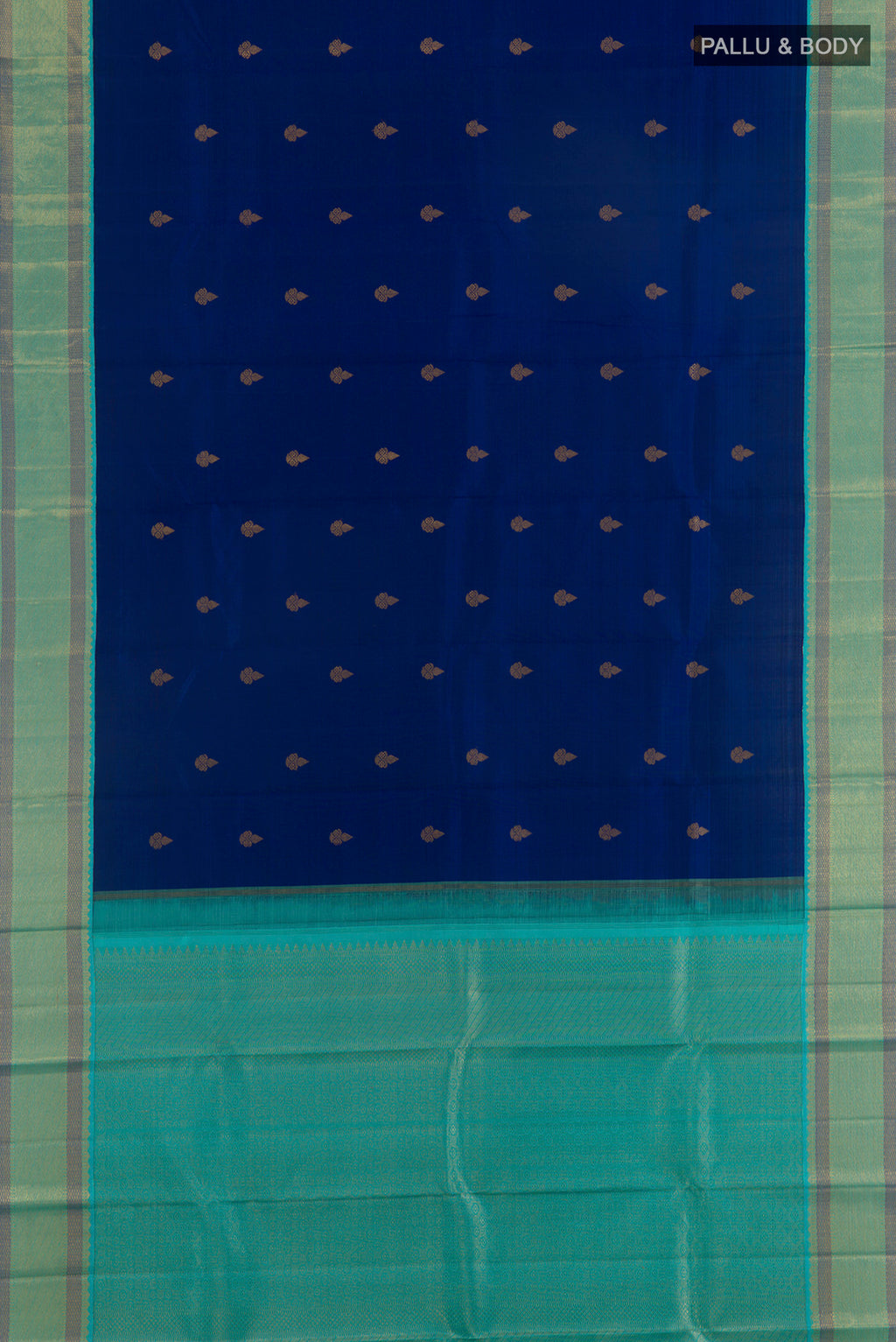 Flat view of Pure Silk Blue Kanchipuram Saree with Zari Butta on the body and Zari Border. 