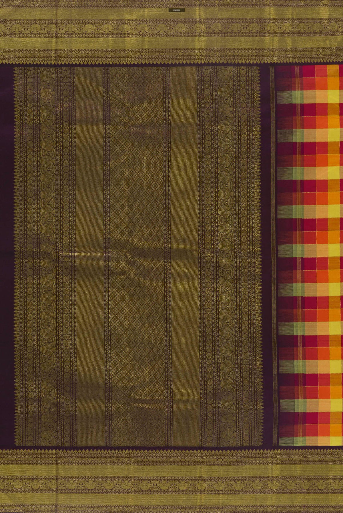 Close up image of the pallu of Pure Silk Multi Color Kanchipuram Saree with Checked design on the body and Zari Border. 
