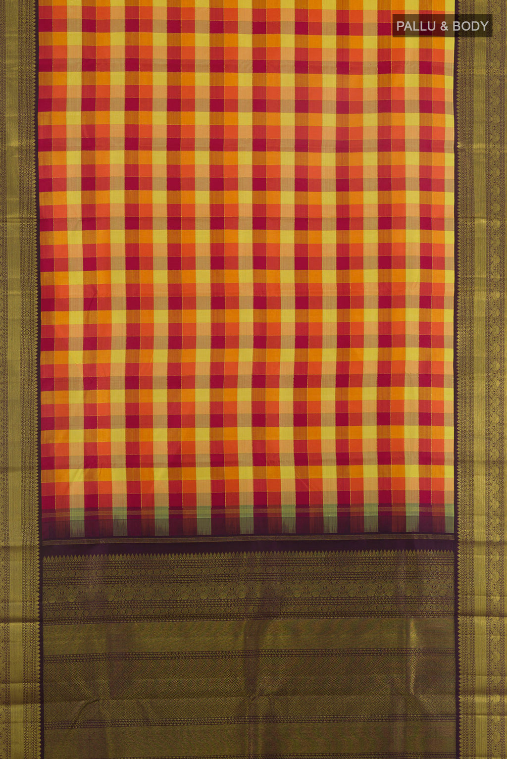 Flat view of Pure Silk Multi Color Kanchipuram Saree with Checked design on the body and Zari Border. 