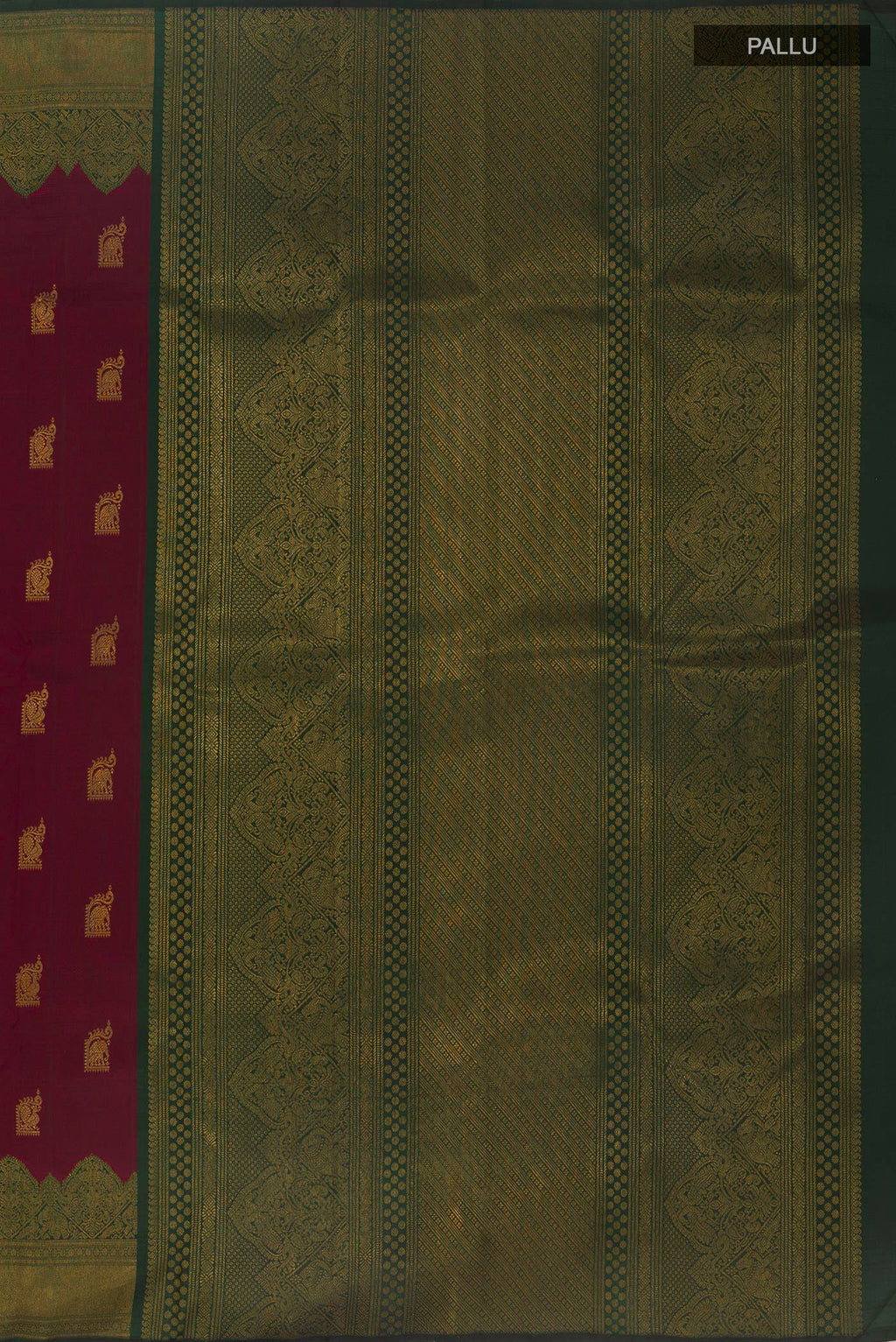 Close up image of the pallu of Pure Silk Maroon Kanchipuram Saree with Zari Butta on the body and Fancy Border. 