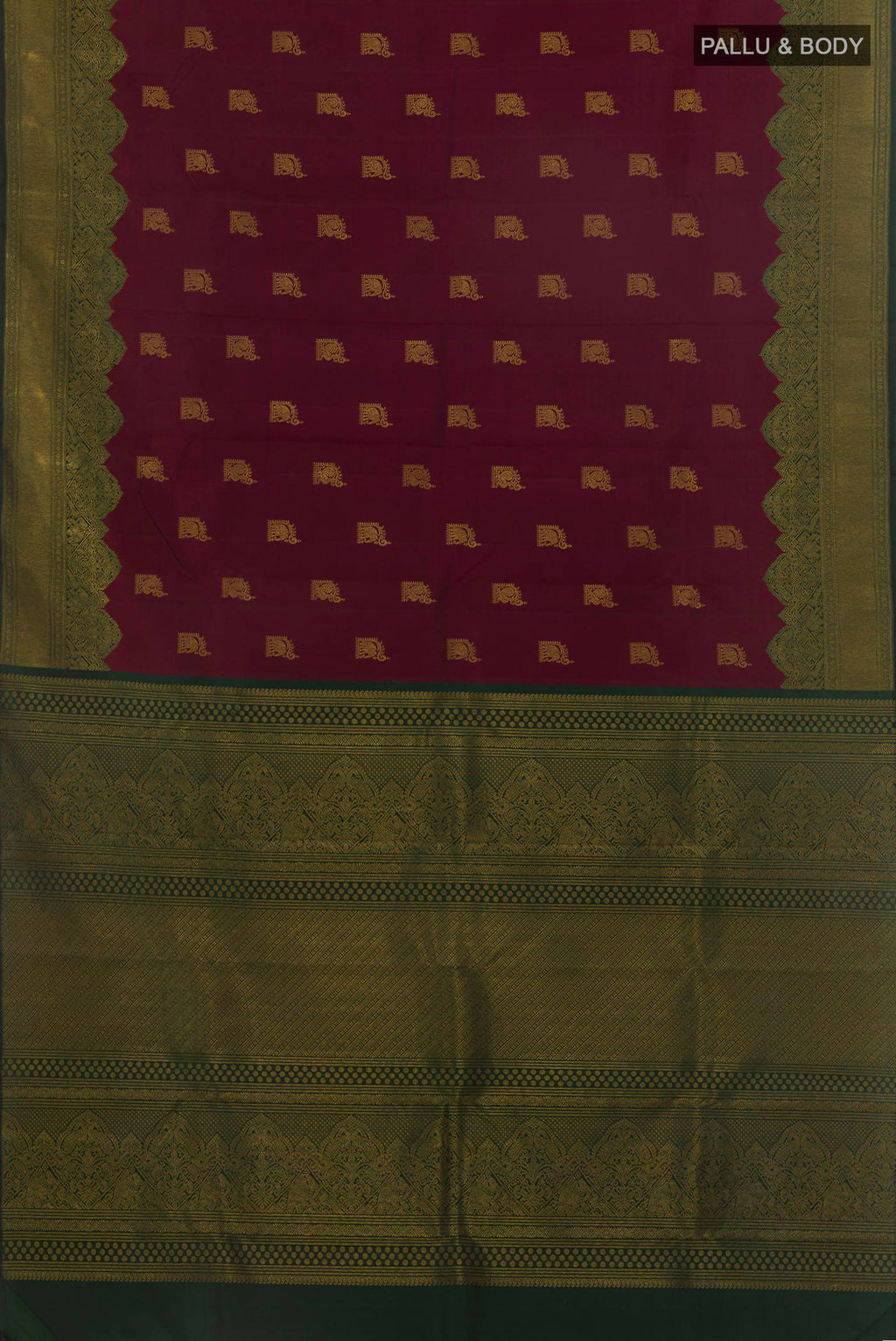 Flat view of Pure Silk Maroon Kanchipuram Saree with Zari Butta on the body and Fancy Border. 