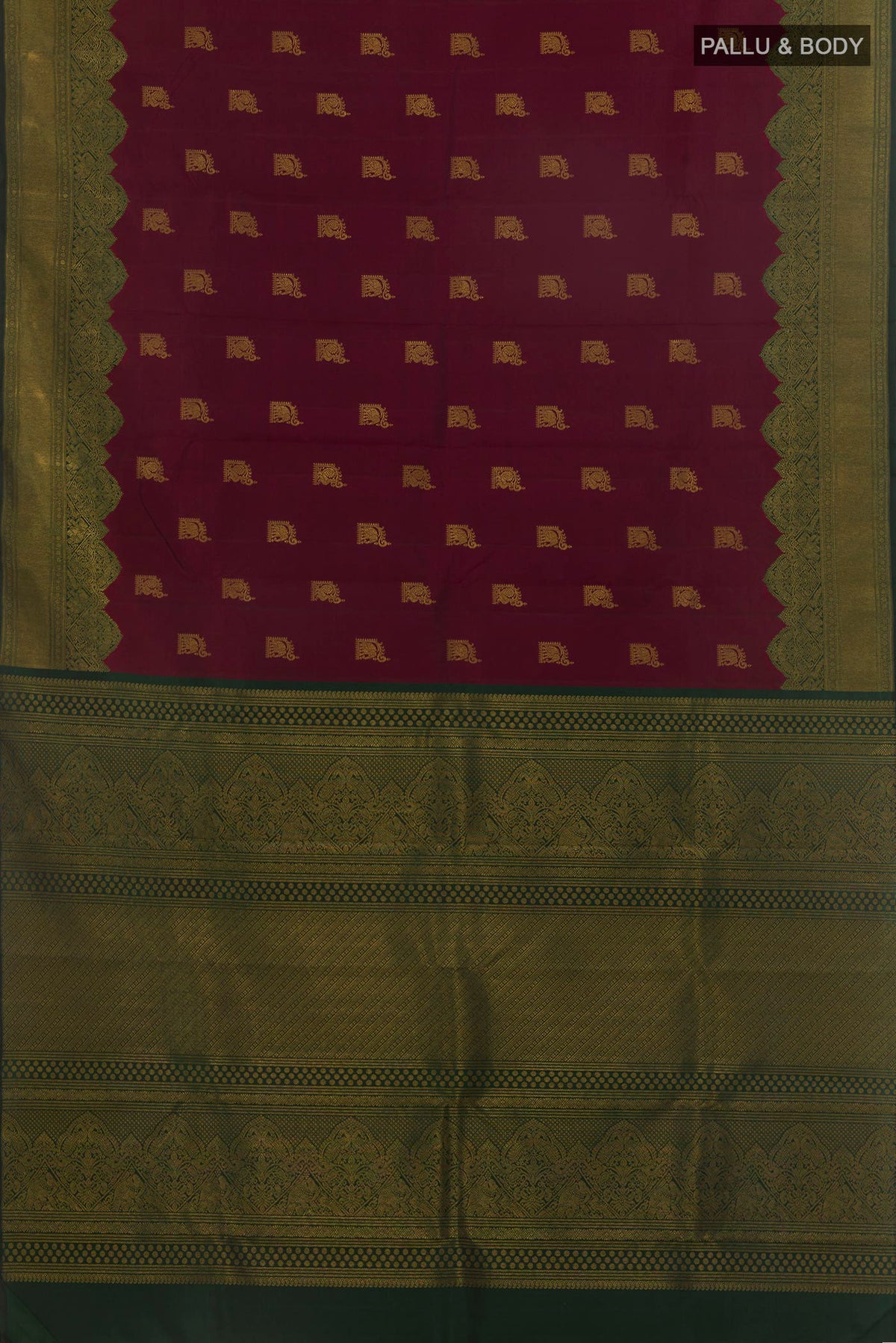 Flat view of Pure Silk Maroon Kanchipuram Saree with Zari Butta on the body and Fancy Border. 