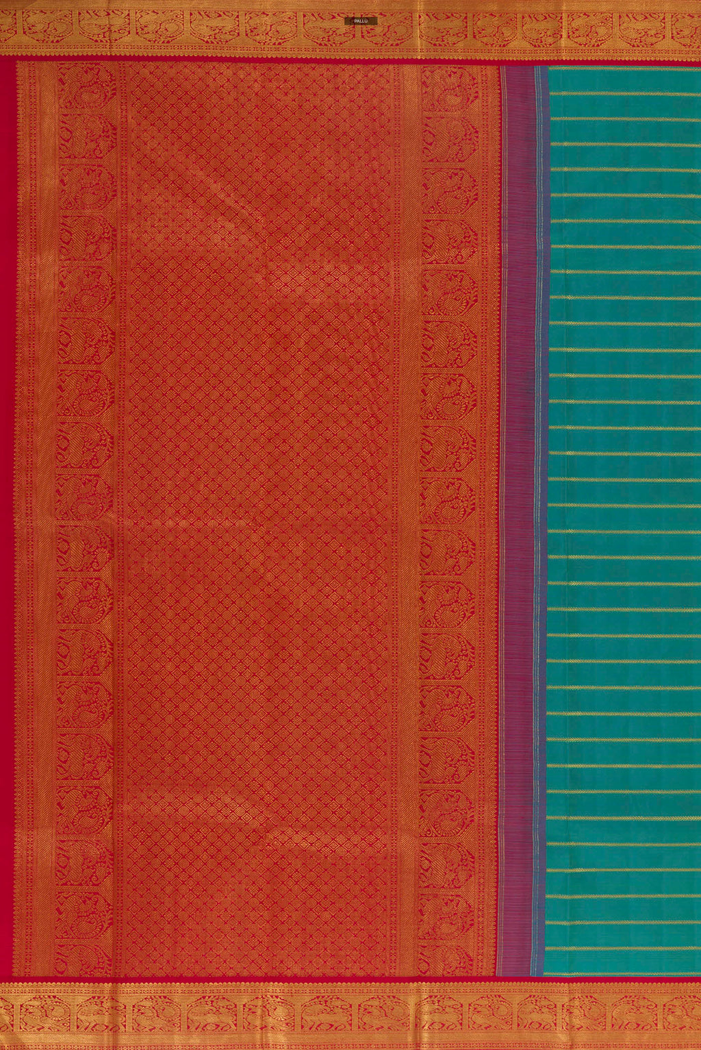 Close up image of the pallu of Pure Silk Sea Green Kanchipuram Saree with Stripes on the body and Zari Border. 