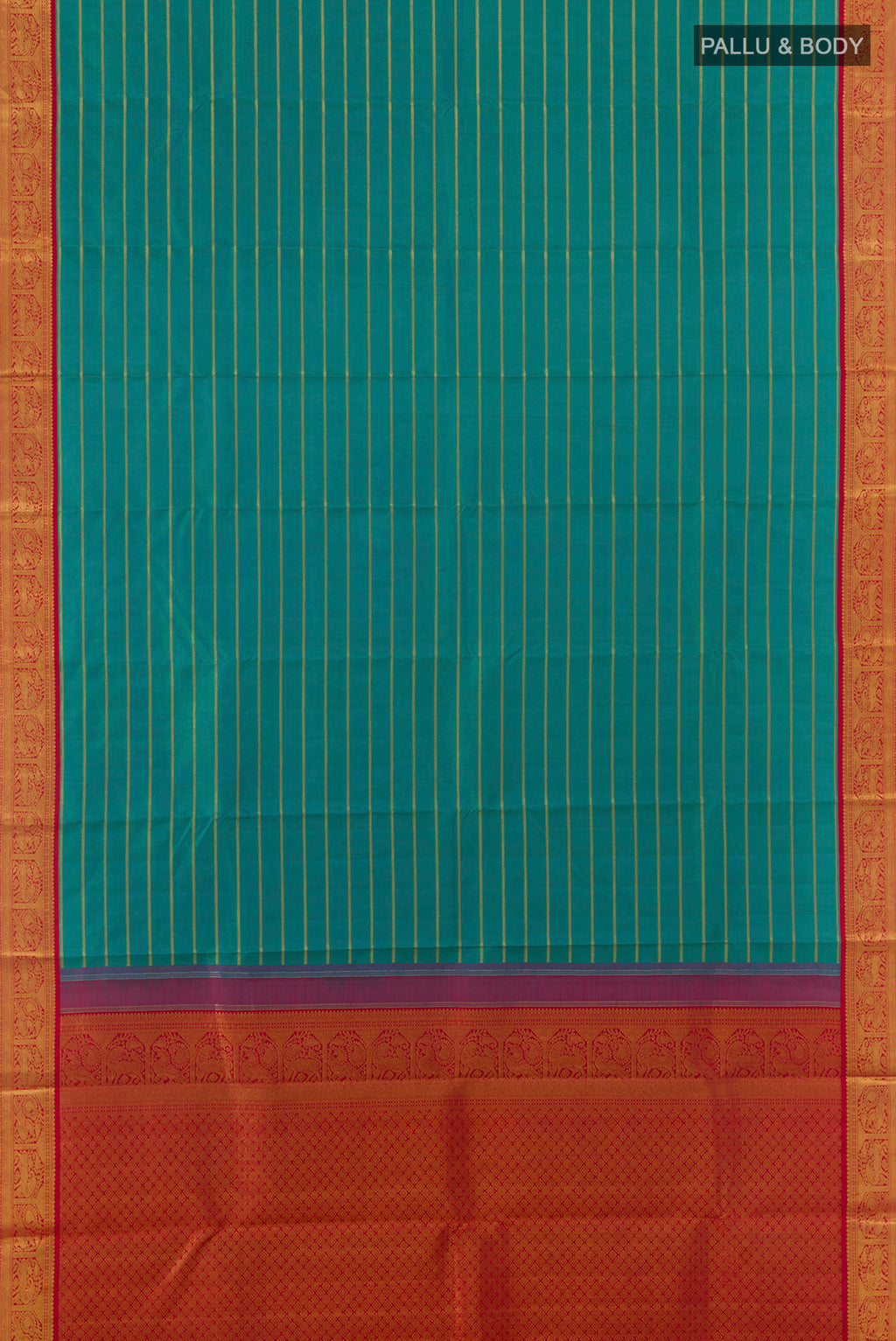 Flat view of Pure Silk Sea Green Kanchipuram Saree with Stripes on the body and Zari Border. 