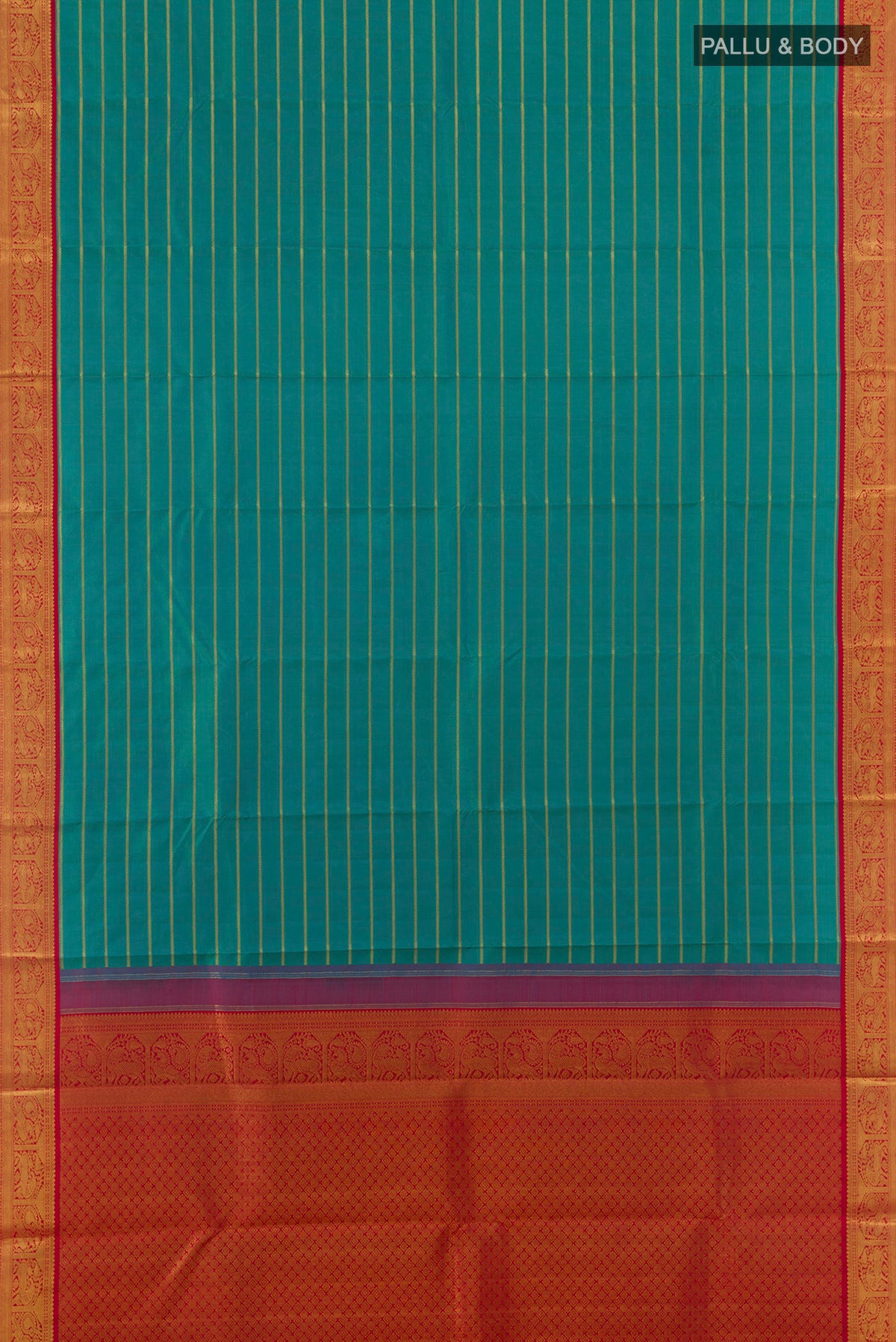 Flat view of Pure Silk Sea Green Kanchipuram Saree with Stripes on the body and Zari Border. 