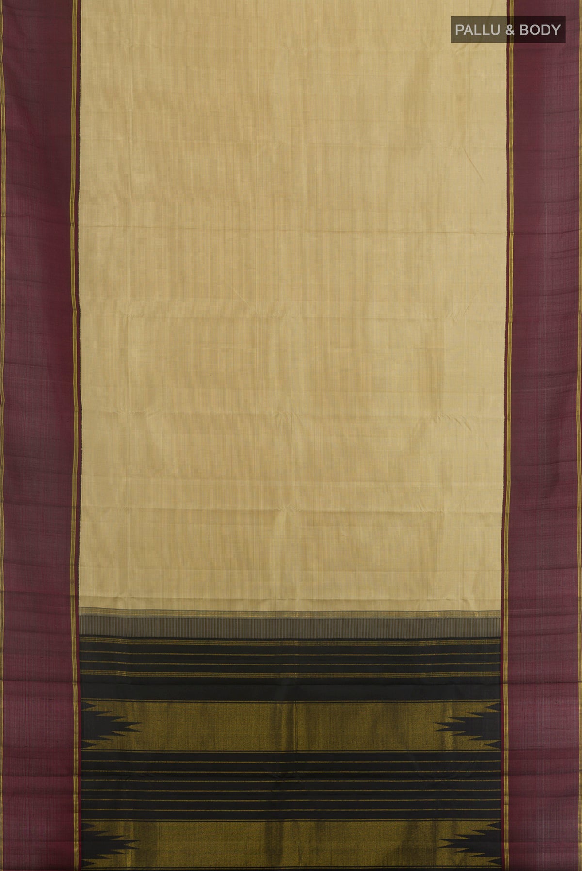 Flat view of Pure Silk Sandal Kanjivaram Saree with Checked design on the body and Zari Border. 
