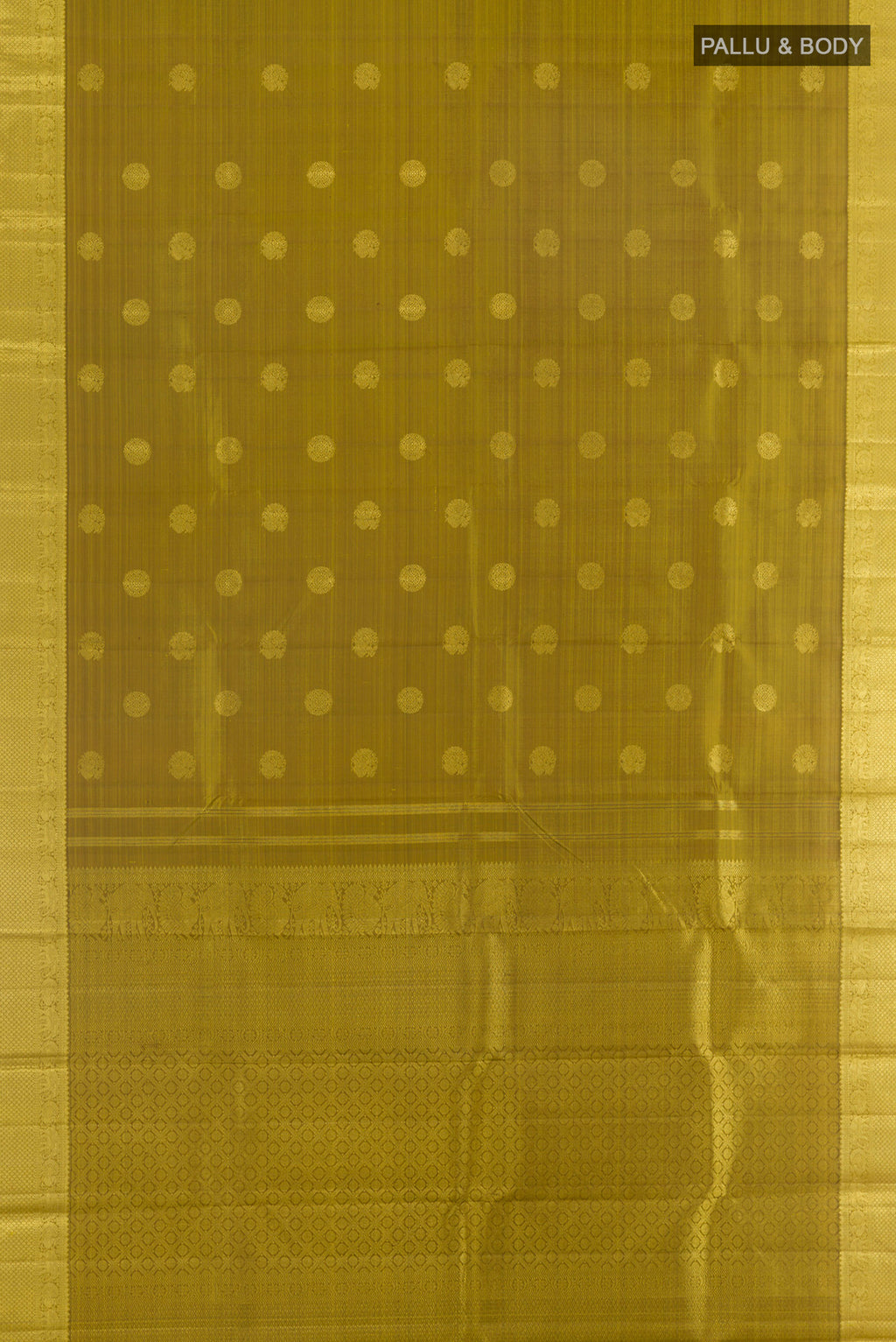 Flat view of Pure Silk Mehandi Green Kanjivaram Saree with Zari Butta on the body and Zari Border. 