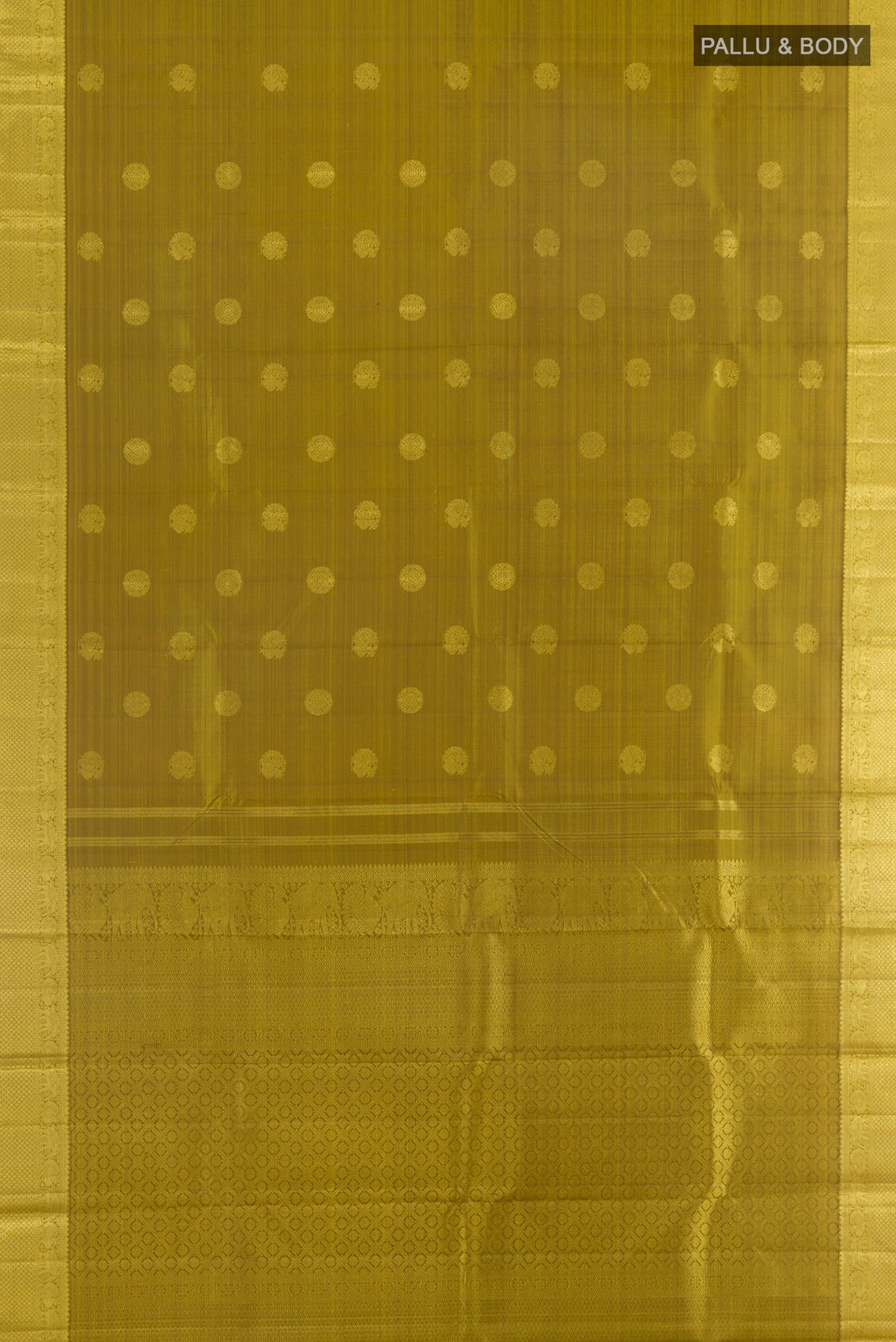 Flat view of Pure Silk Mehandi Green Kanjivaram Saree with Zari Butta on the body and Zari Border. 