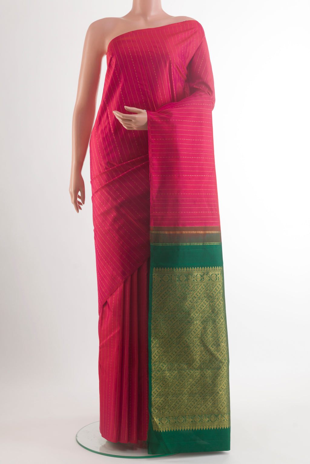 Pure Silk Red Kanchipuram Saree with Stripes on the body and Without Border.  displayed on a mannequin