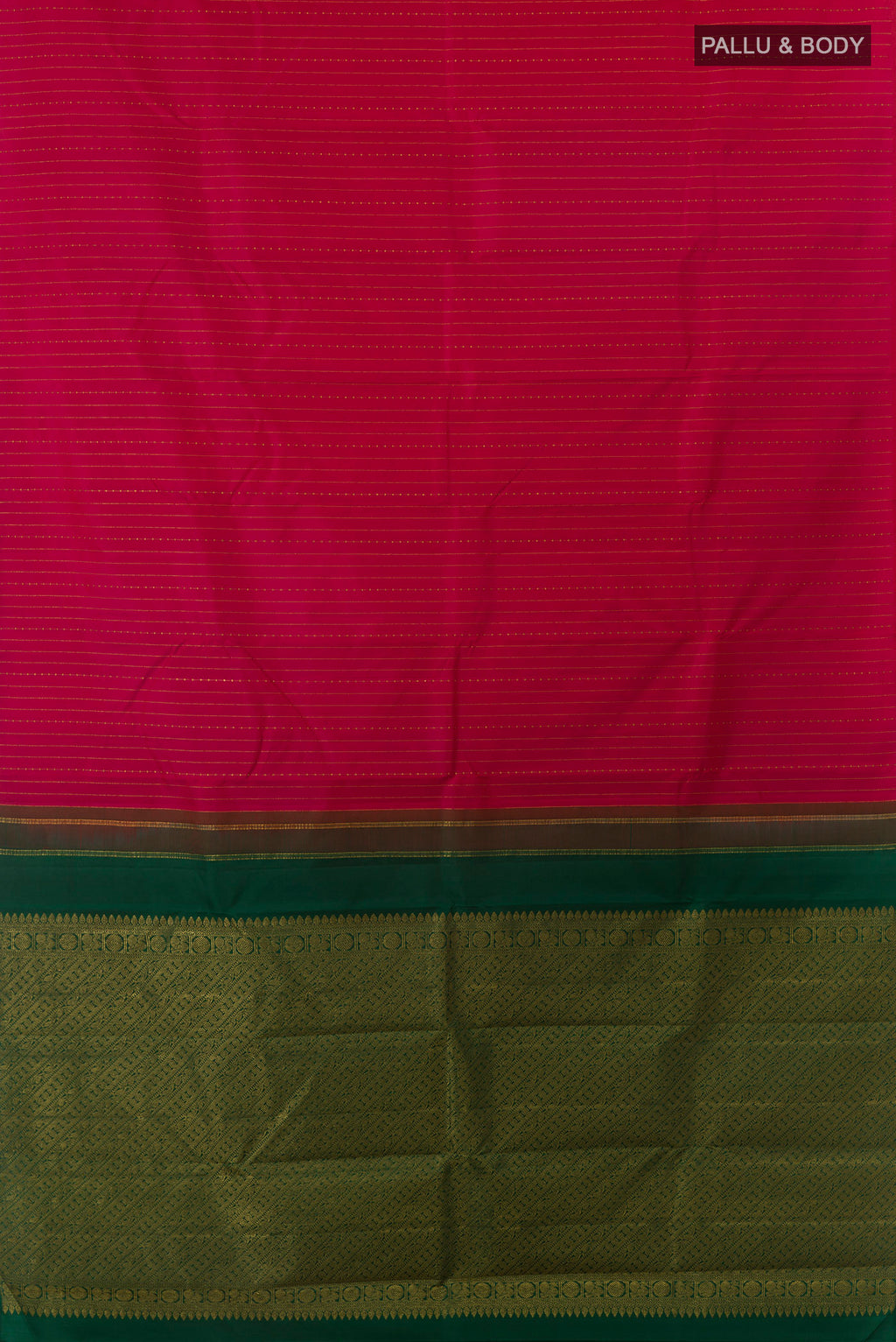 Flat view of Pure Silk Red Kanchipuram Saree with Stripes on the body and Without Border. 