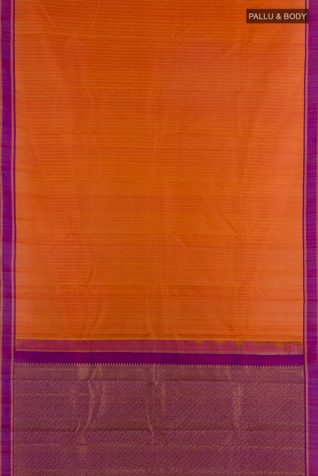 Flat view of Pure Silk Brick Orange Kanchipuram Saree with Stripes on the body and Zari Border. 