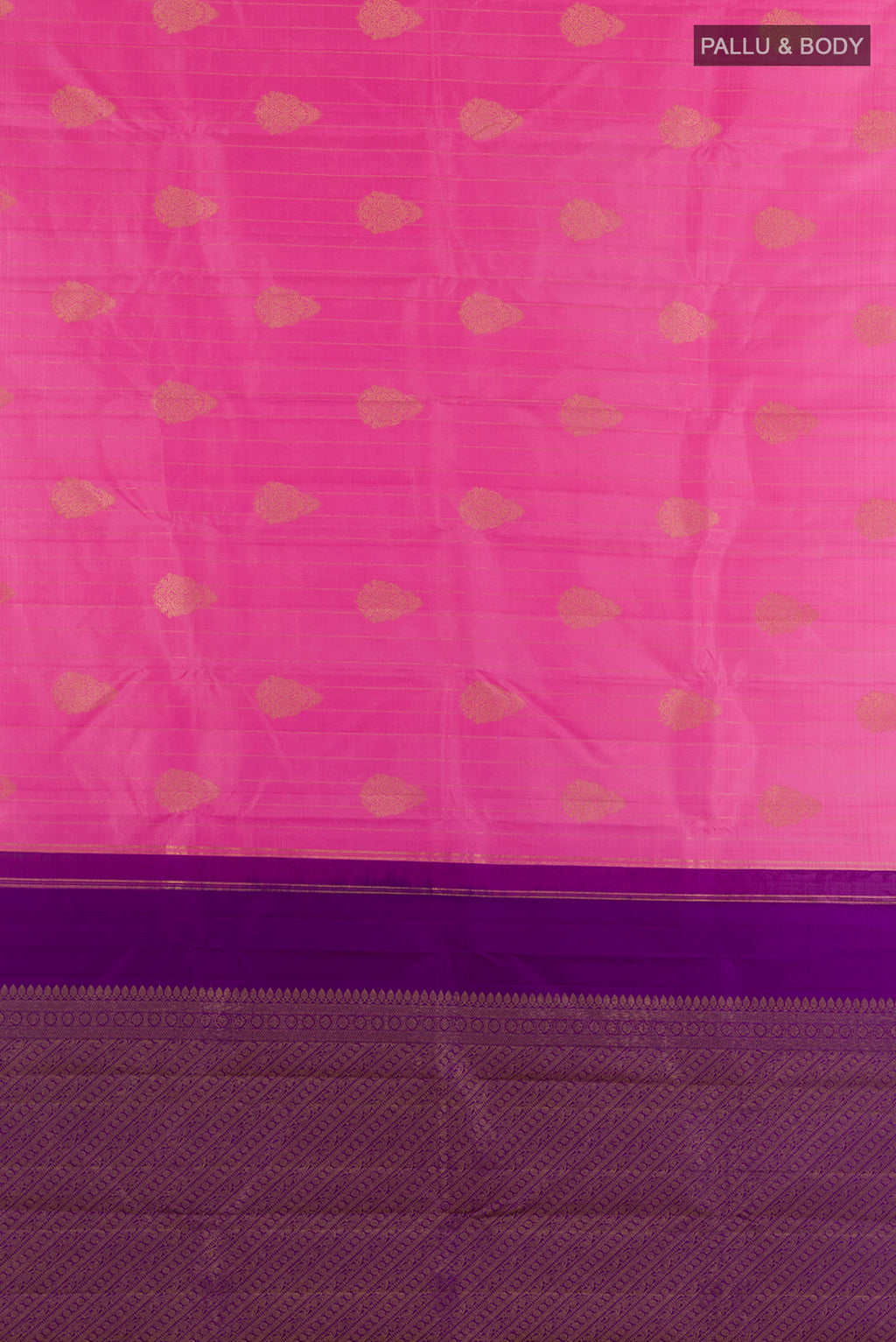 Flat view of Pure Silk Pink Kanchipuram Saree with Zari Butta on the body and Zari Border. 