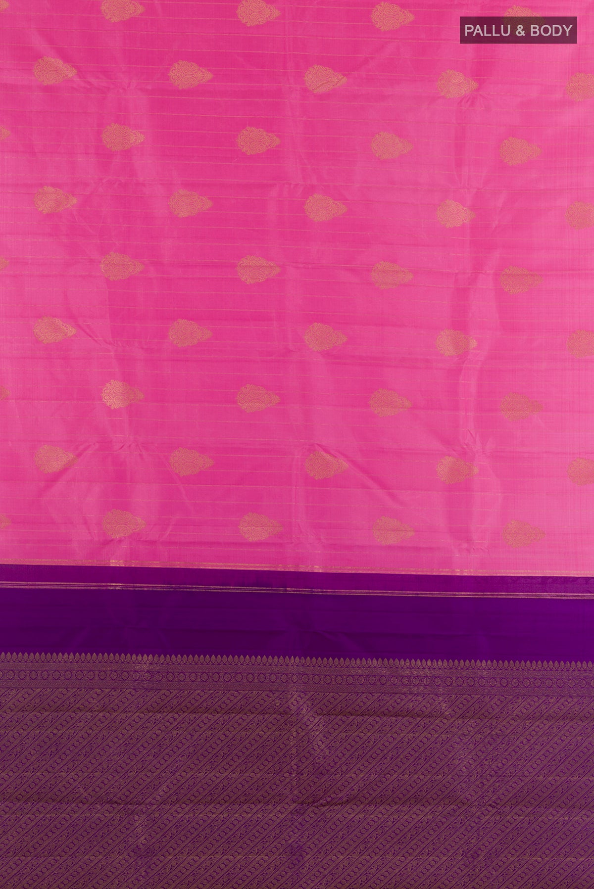 Flat view of Pure Silk Pink Kanchipuram Saree with Zari Butta on the body and Zari Border. 