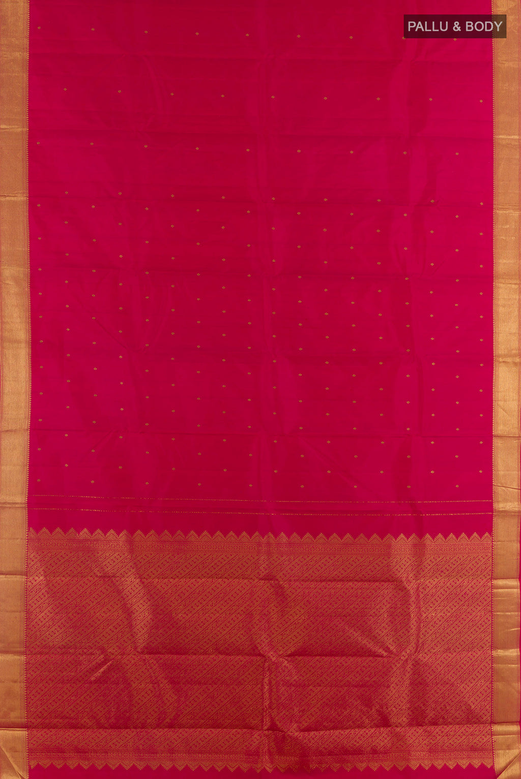 Flat view of Pure Silk Pink Kanchipuram Saree with Zari Butta on the body and Zari Border. 
