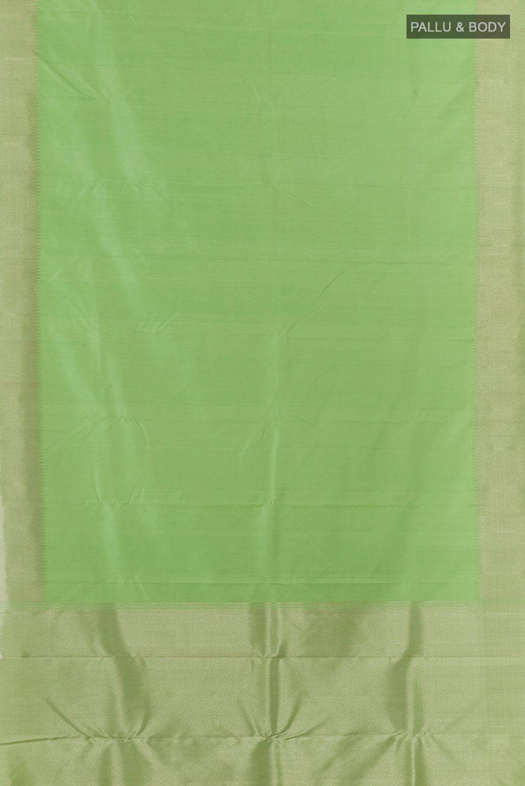 Flat view of Pure Silk Pista Green Kanchipuram Saree with Plain Body and Zari Border. 