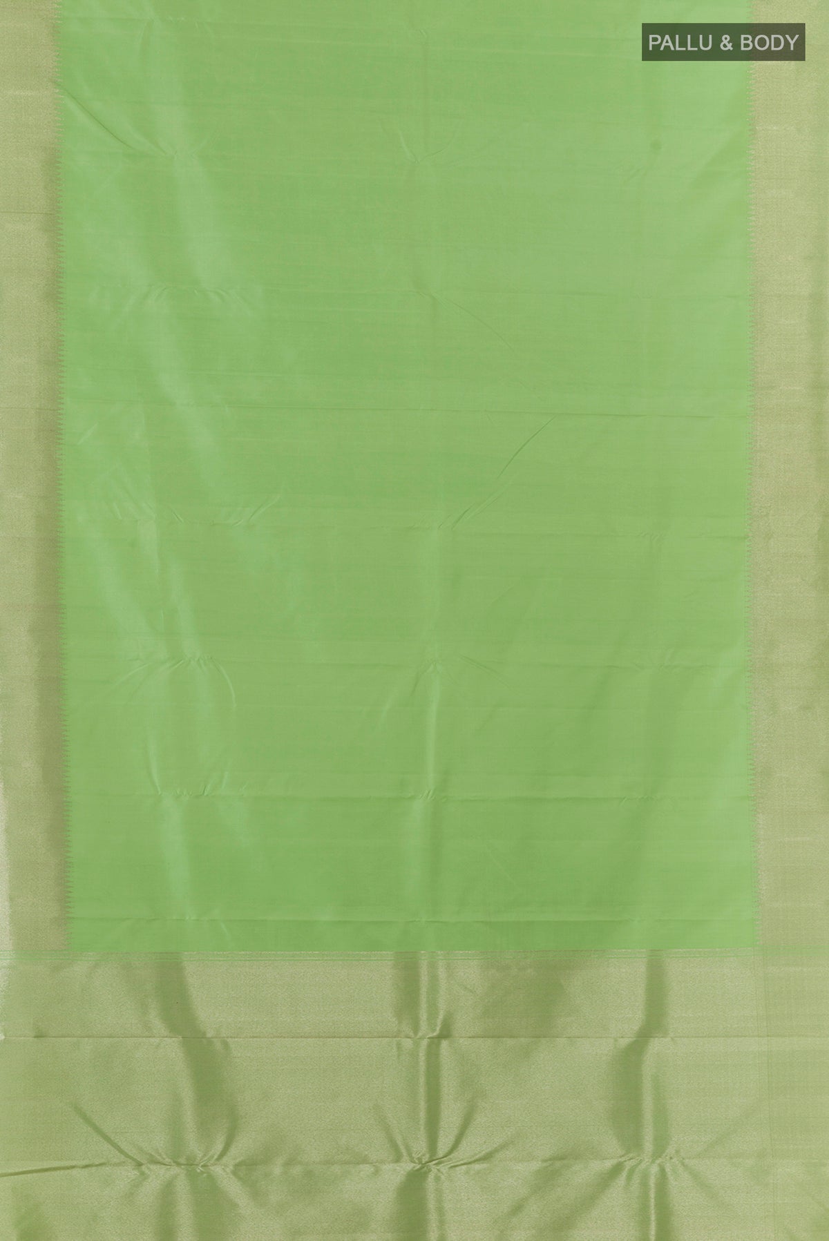 Flat view of Pure Silk Pista Green Kanchipuram Saree with Plain Body and Zari Border. 