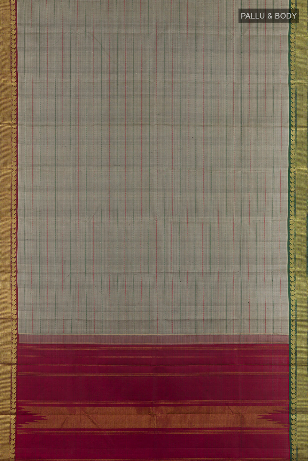 Flat view of Pure Silk Grey Kanchipuram Saree with Stripes on the body and Zari Border. 
