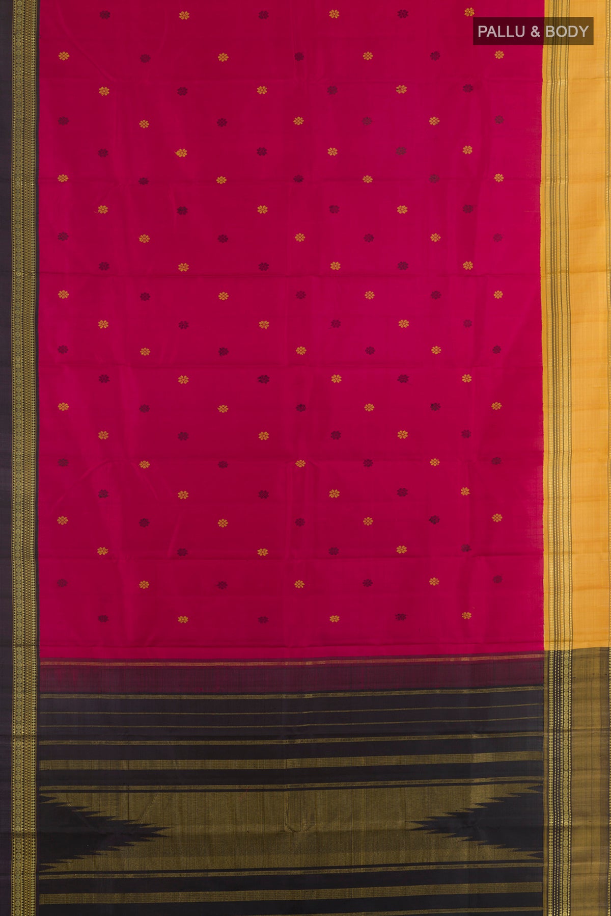 Flat view of Pure Silk Pink Kanjivaram Saree with Thread Butta on the body and Ganga Jamuna Border. 