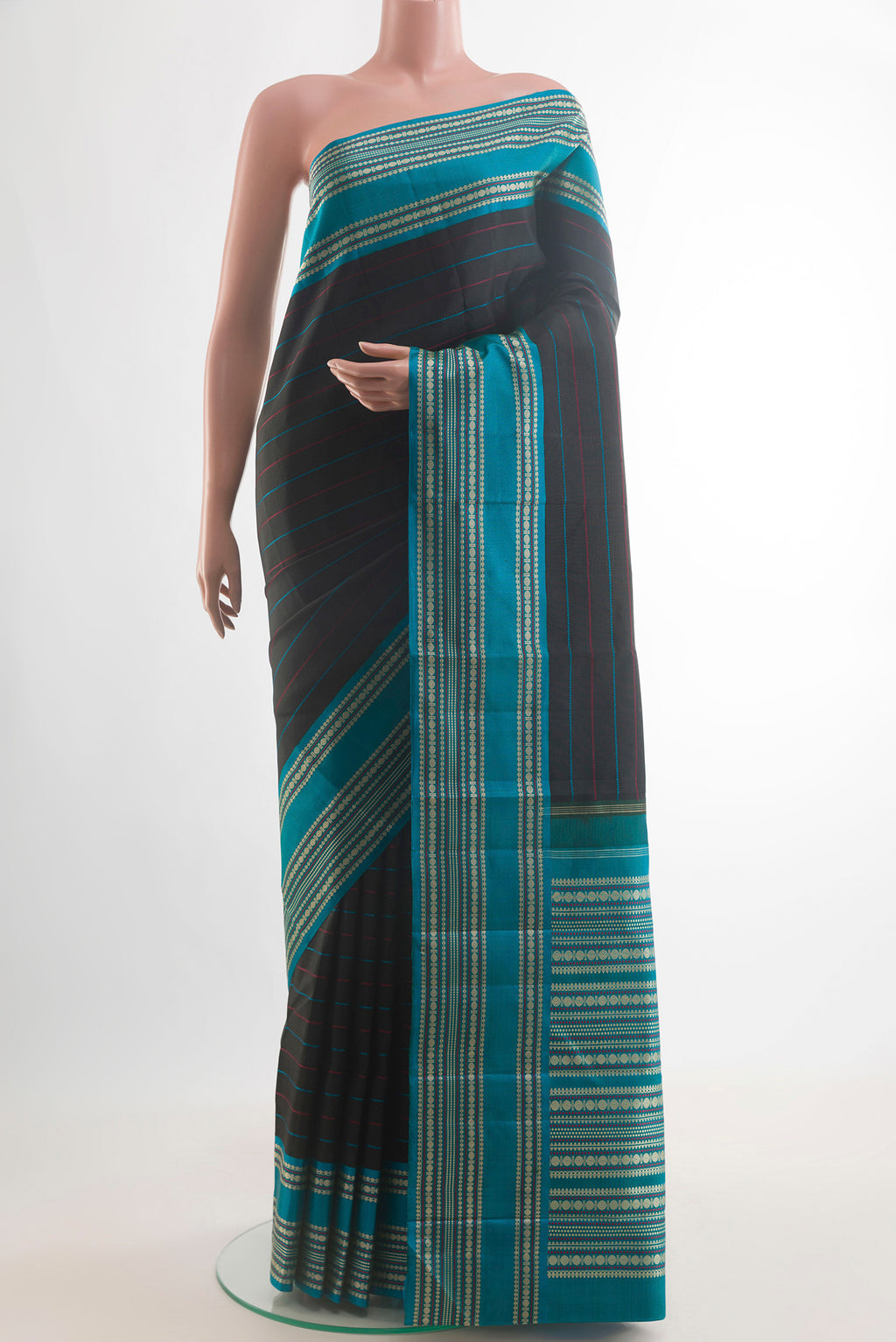 Pure Silk Black Kanjivaram Saree with Stripes on the body and Thread Border.  displayed on a mannequin