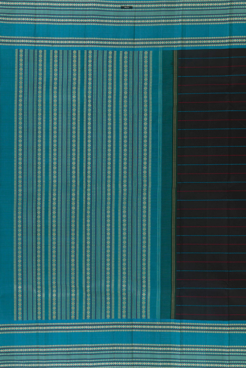 Close up image of the pallu of Pure Silk Black Kanjivaram Saree with Stripes on the body and Thread Border. 
