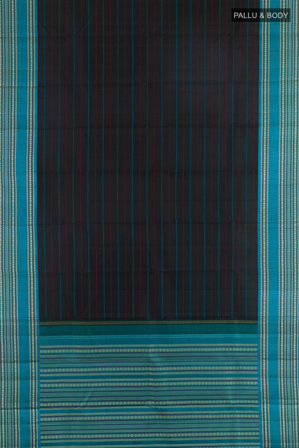 Flat view of Pure Silk Black Kanjivaram Saree with Stripes on the body and Thread Border. 