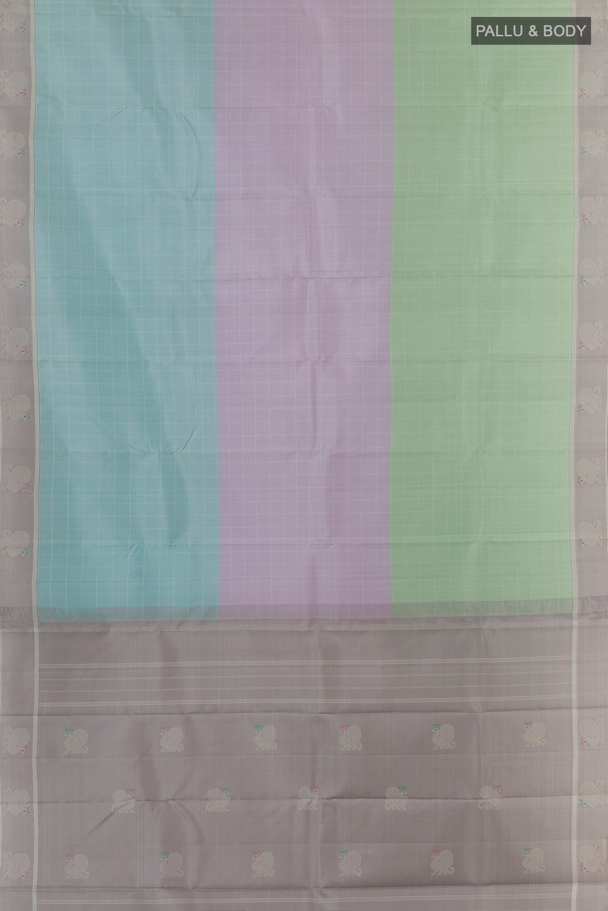 Flat view of Pure Silk Multi Color Kanjivaram Saree with Checked design on the body and Plain Border. 