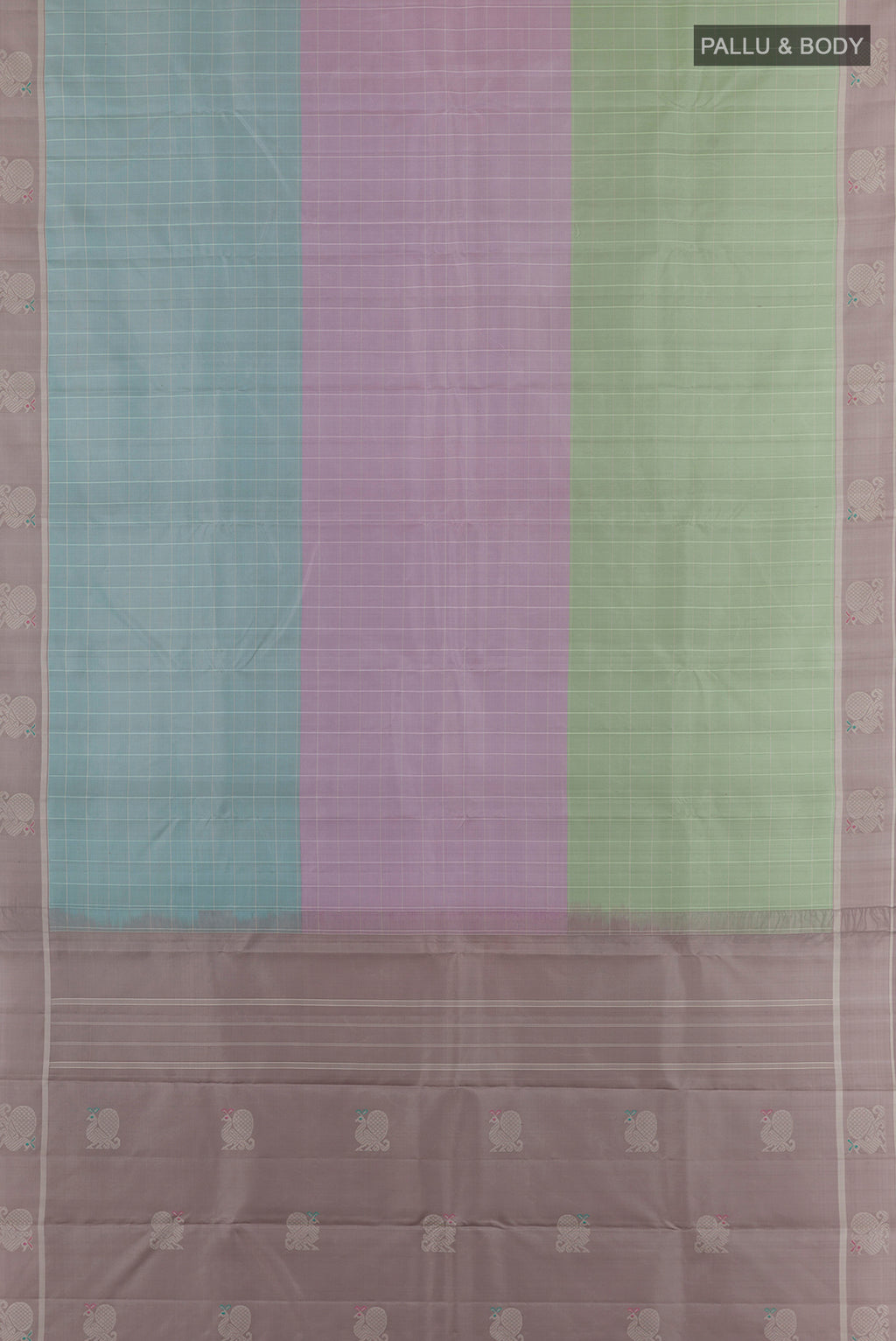 Flat view of Pure Silk Multi Color Kanjivaram Saree with Checked design on the body and Zari Border. 