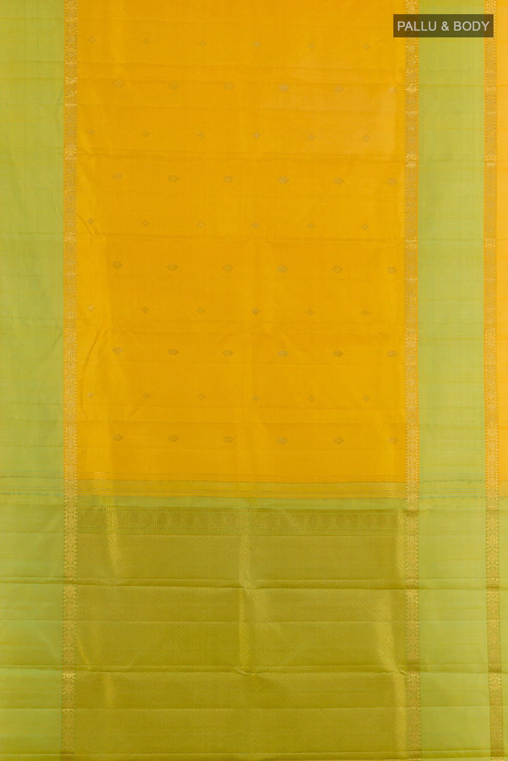 Flat view of Pure Silk Yellow Kanjivaram Saree with Zari Butta on the body and Zari Border. 