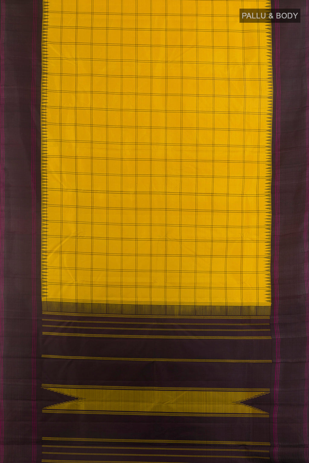 Flat view of Pure Silk Yellow Kanjivaram Saree with Checked design on the body and Plain Border. 