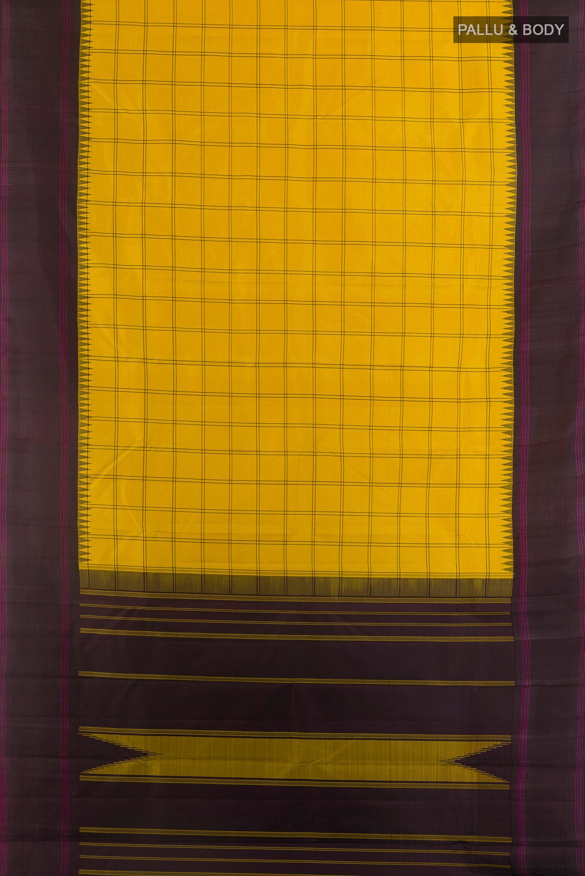 Flat view of Pure Silk Yellow Kanjivaram Saree with Checked design on the body and Plain Border. 