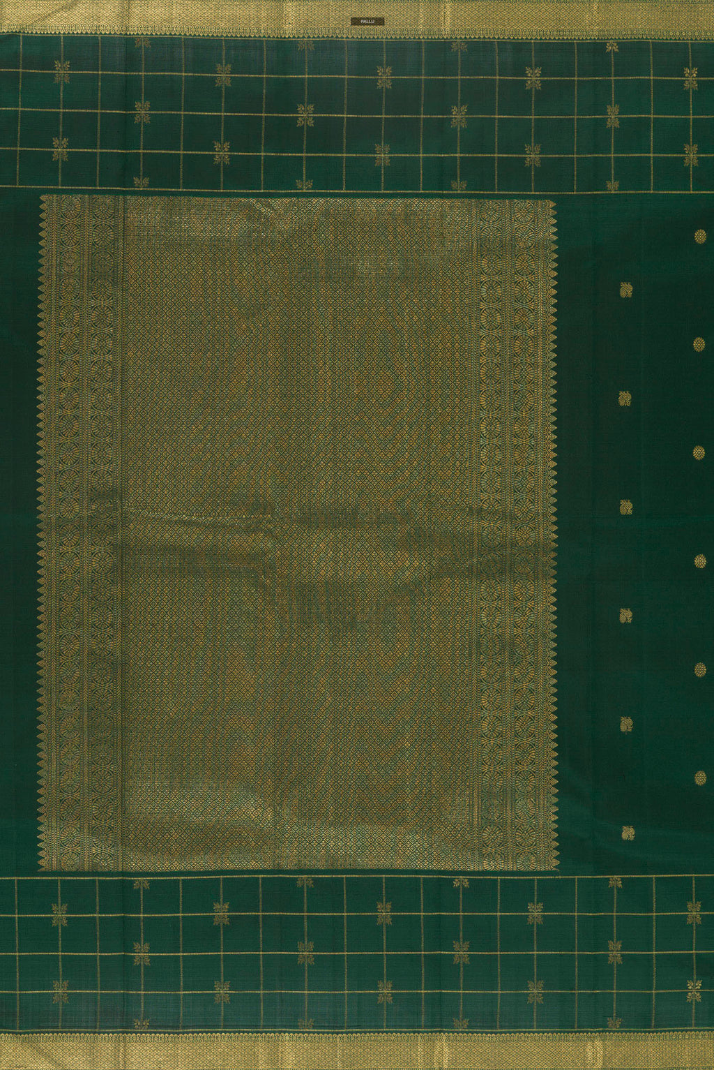 Close up image of the pallu of Pure Silk Green Kanjivaram Saree with Zari Butta on the body and Zari Border. 
