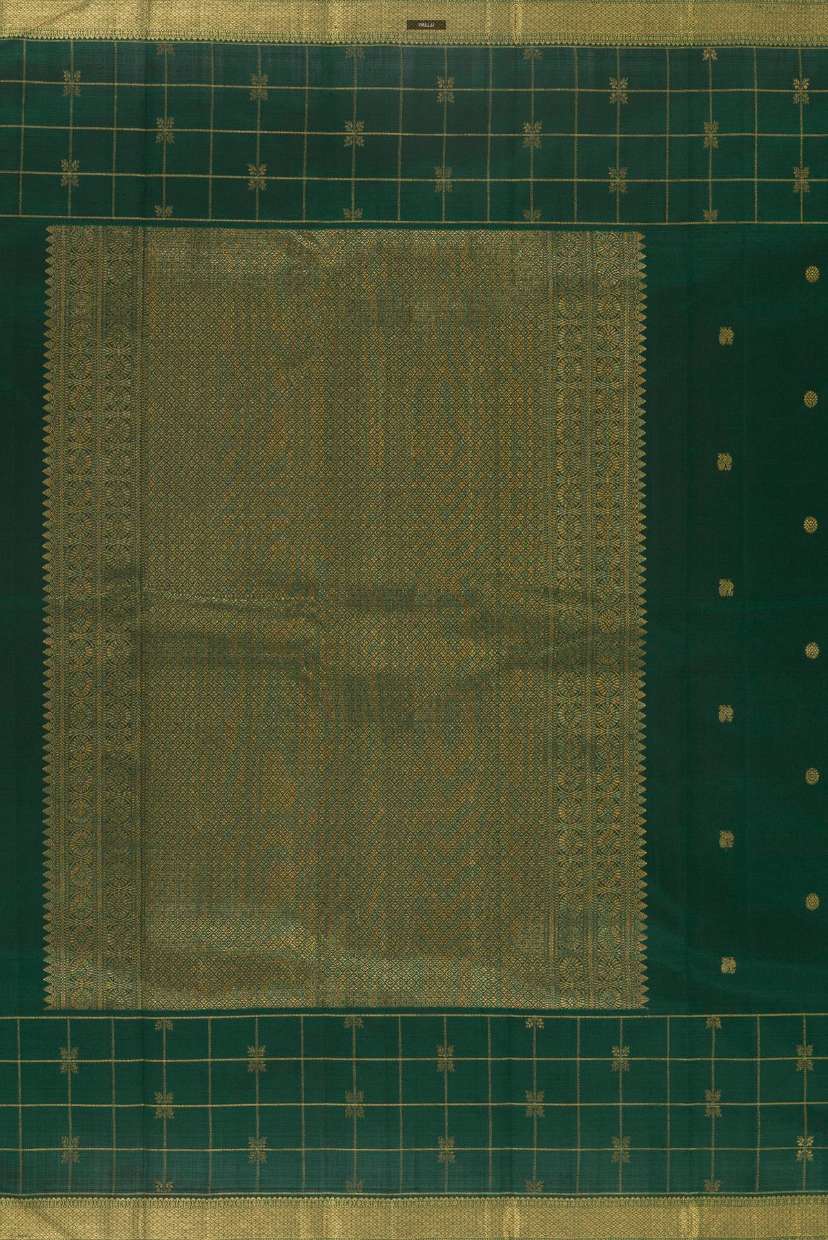 Close up image of the pallu of Pure Silk Green Kanjivaram Saree with Zari Butta on the body and Zari Border. 