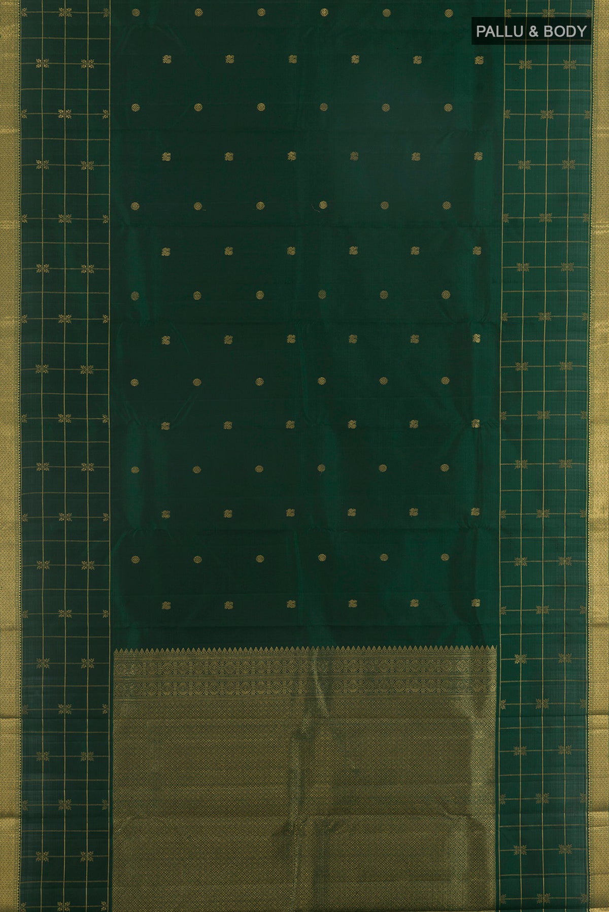 Flat view of Pure Silk Green Kanjivaram Saree with Zari Butta on the body and Zari Border. 