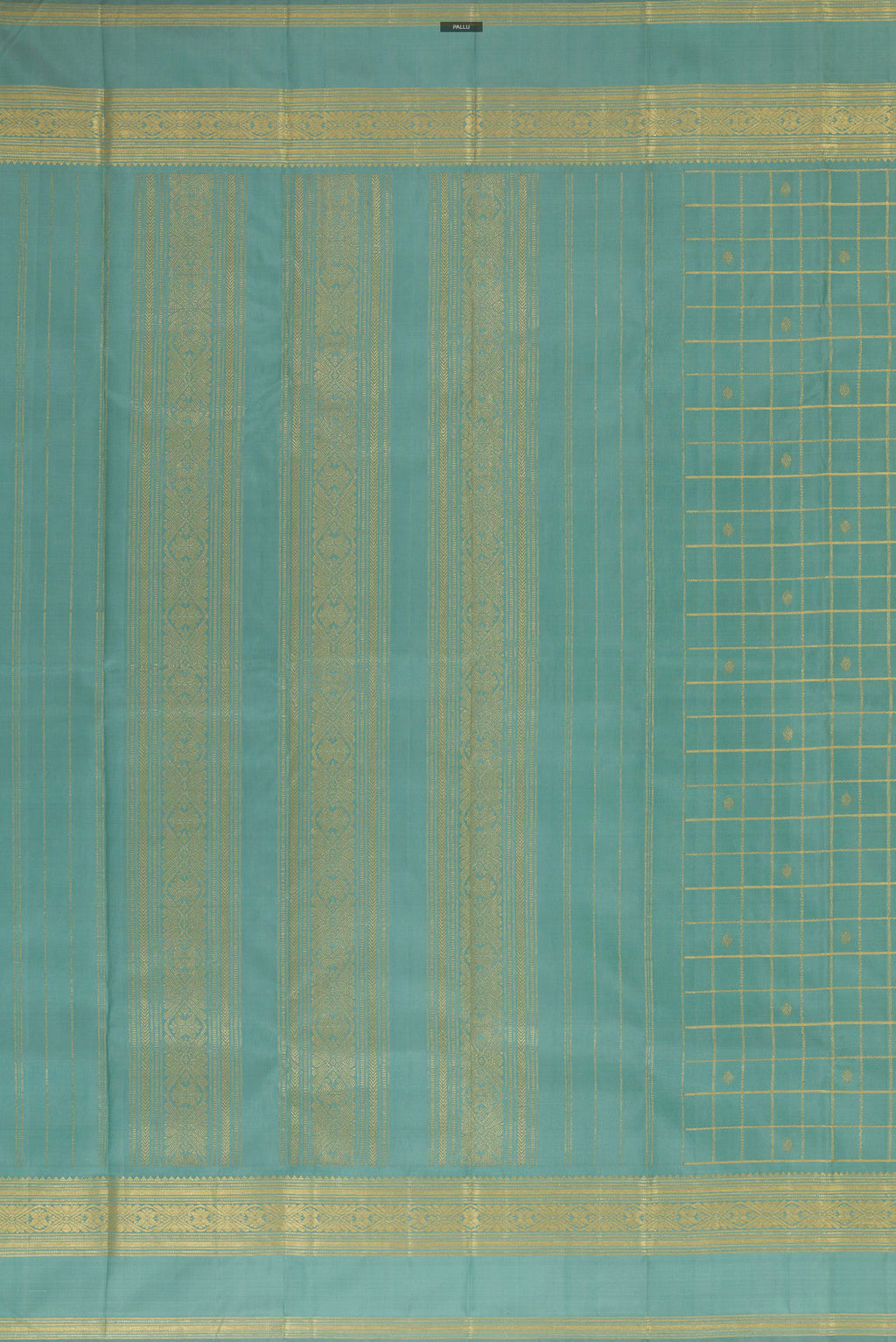 Close up image of the pallu of Pure Silk Sea Green Kanjivaram Saree with Checked design on the body and Zari Border. 