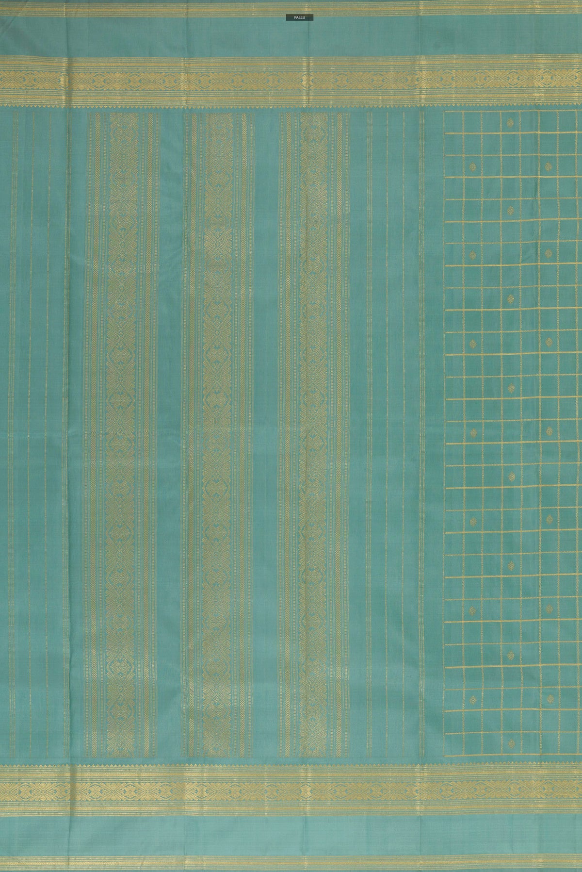Close up image of the pallu of Pure Silk Sea Green Kanjivaram Saree with Checked design on the body and Zari Border. 