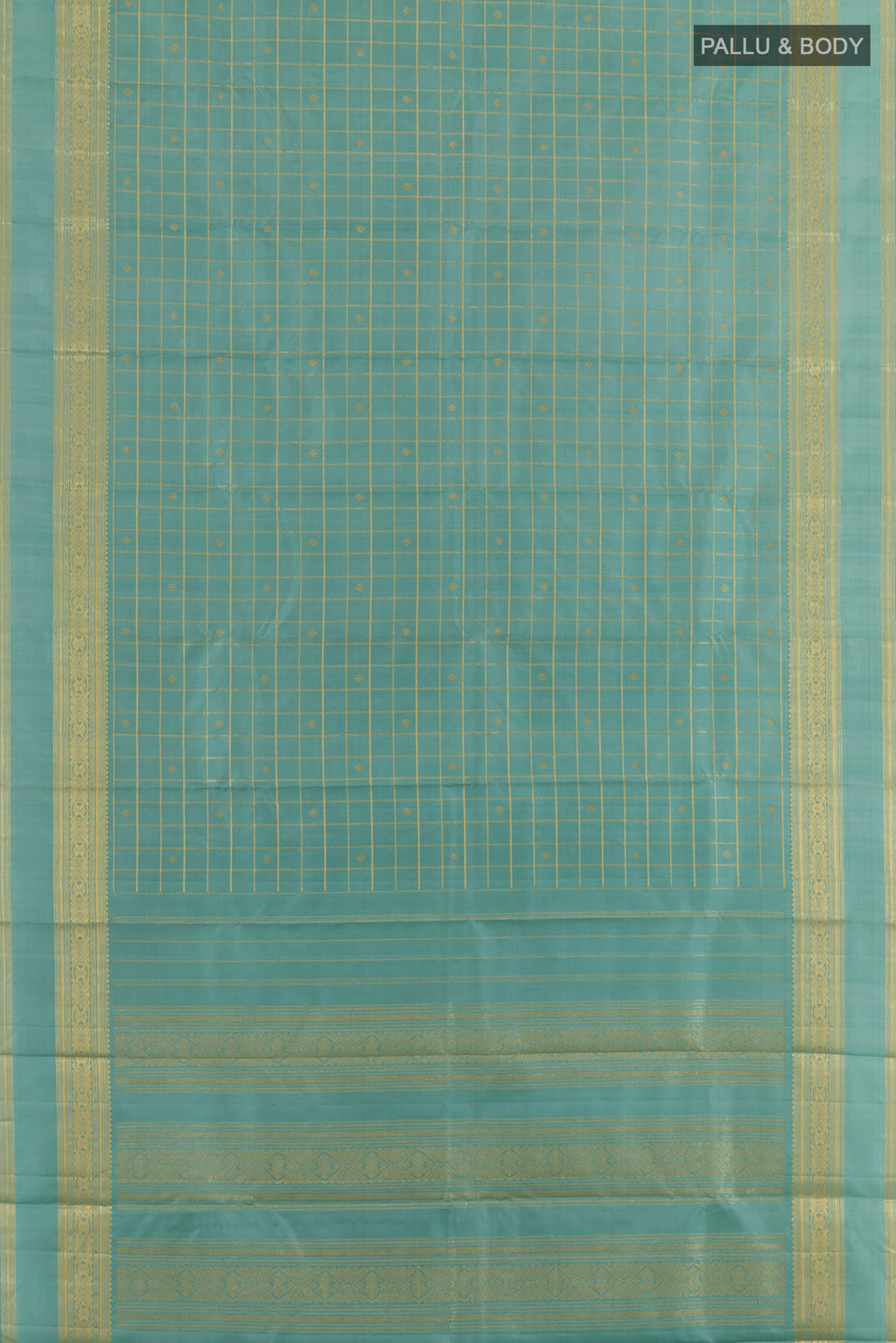Flat view of Pure Silk Sea Green Kanjivaram Saree with Checked design on the body and Zari Border. 