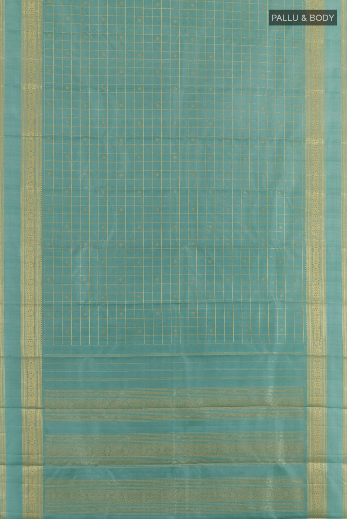 Flat view of Pure Silk Sea Green Kanjivaram Saree with Checked design on the body and Zari Border. 