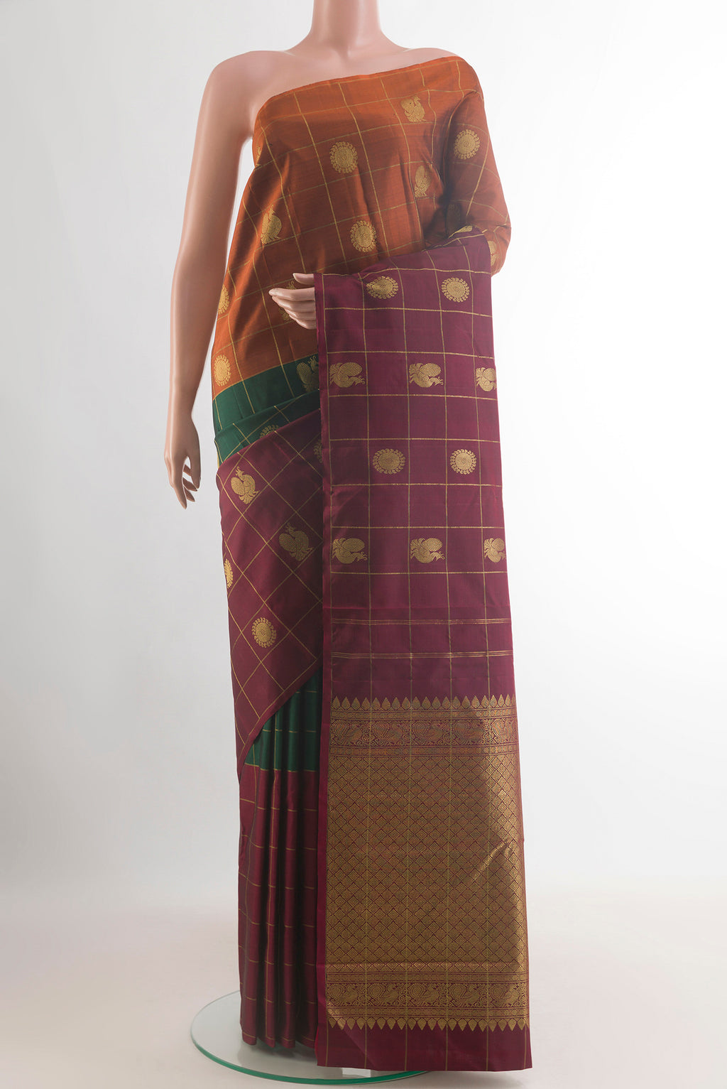 Pure Silk Multi Color Kanjivaram Saree with Checked design on the body and Without Border.  displayed on a mannequin
