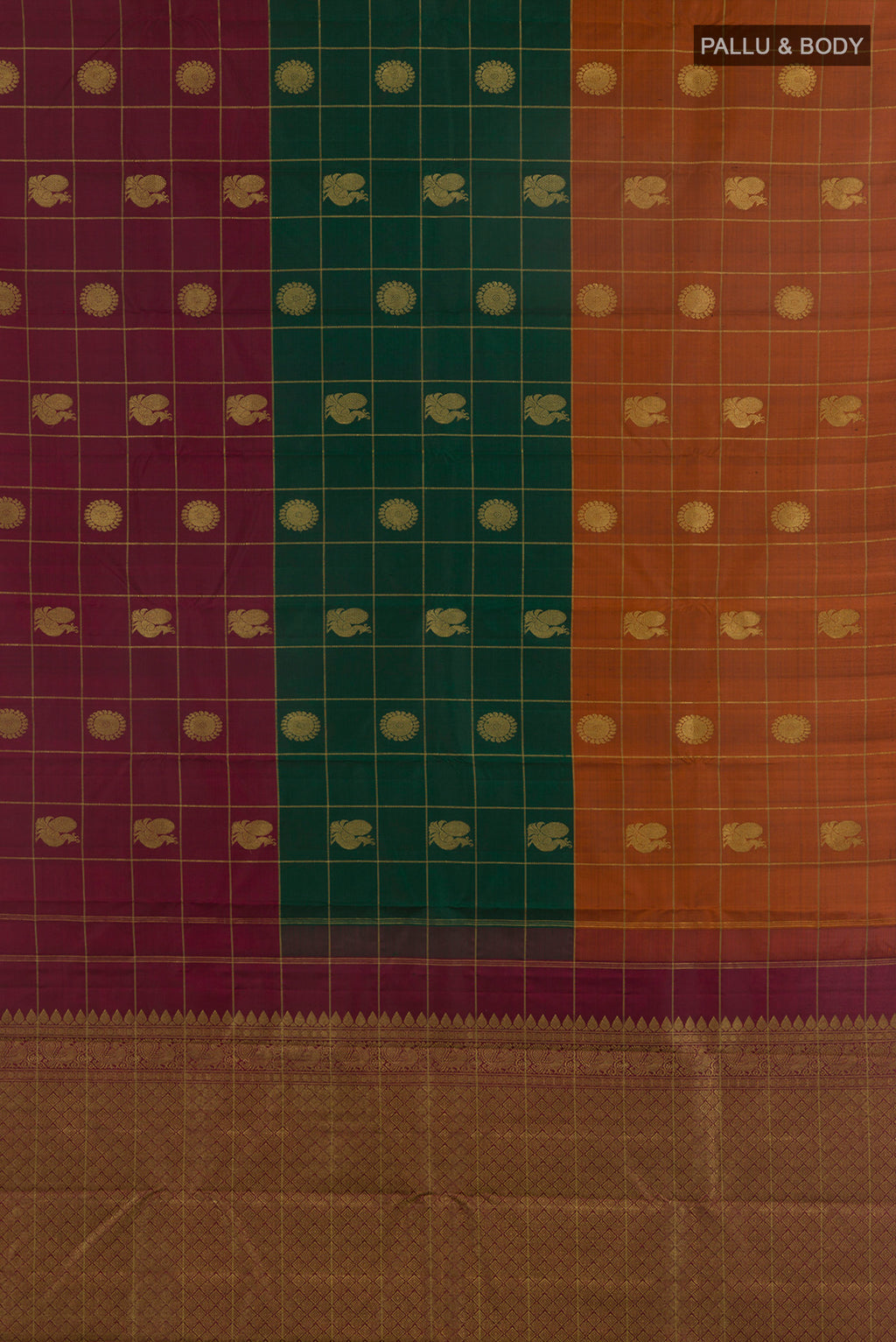 Flat view of Pure Silk Multi Color Kanjivaram Saree with Checked design on the body and Without Border. 