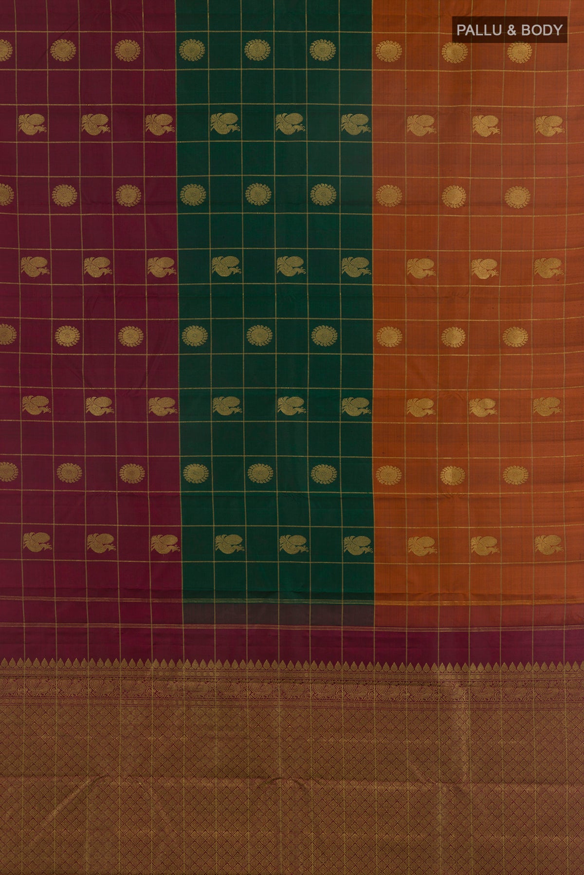 Flat view of Pure Silk Multi Color Kanjivaram Saree with Checked design on the body and Without Border. 