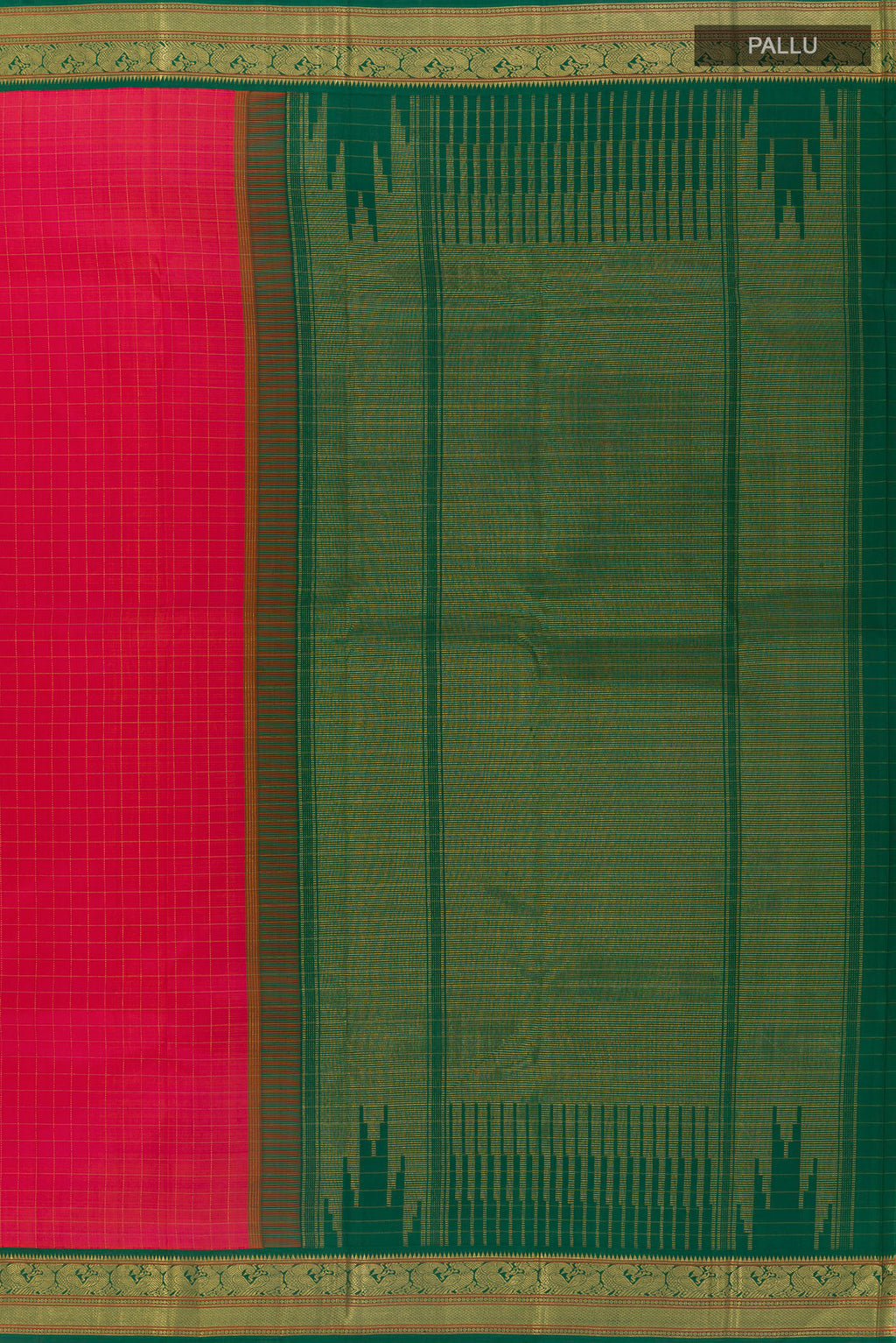 Close up image of the pallu of Pure Silk Brick Orange Dual Tone Kanjivaram Saree with Checked design on the body and Zari Border. 