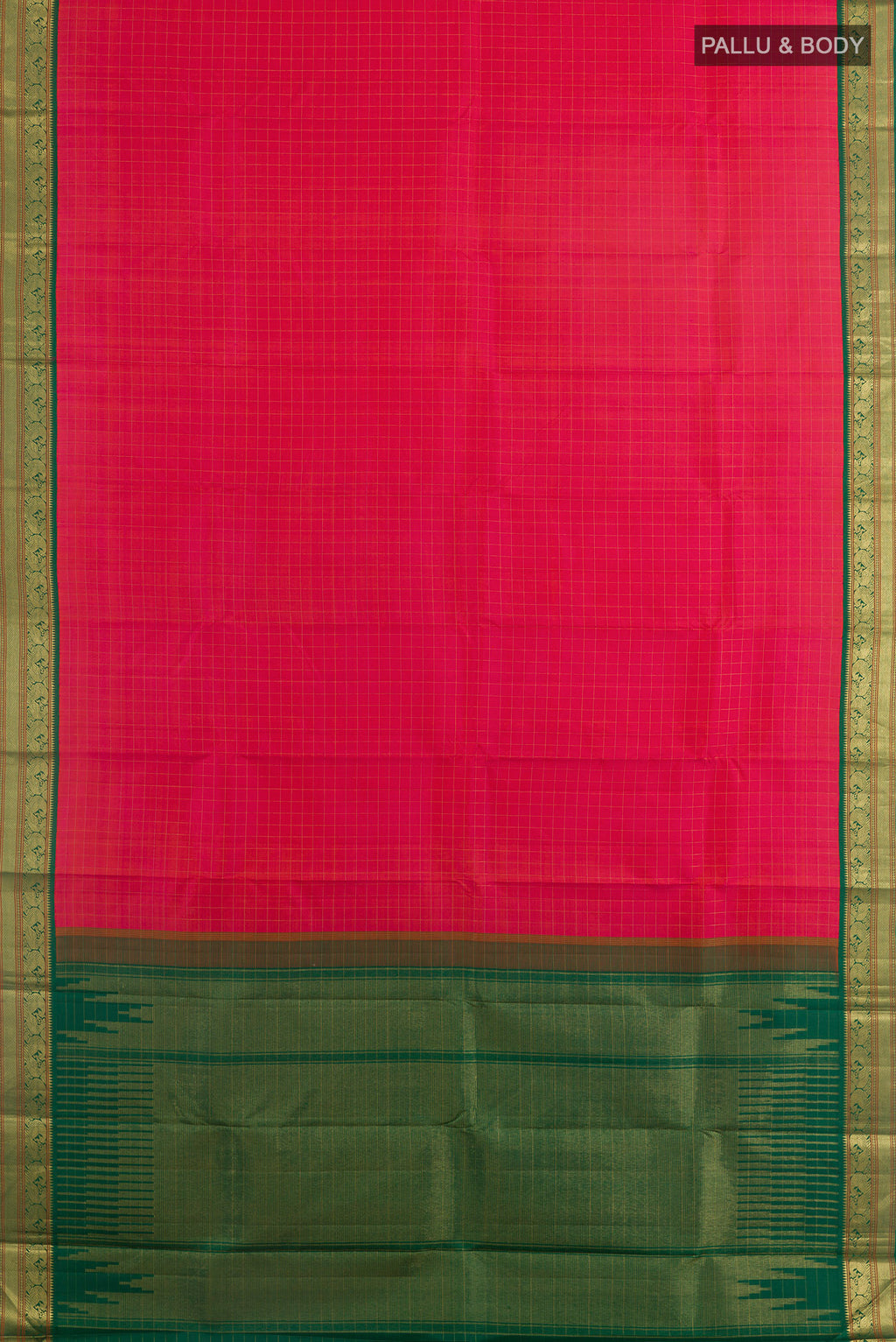 Flat view of Pure Silk Brick Orange Dual Tone Kanjivaram Saree with Checked design on the body and Zari Border. 