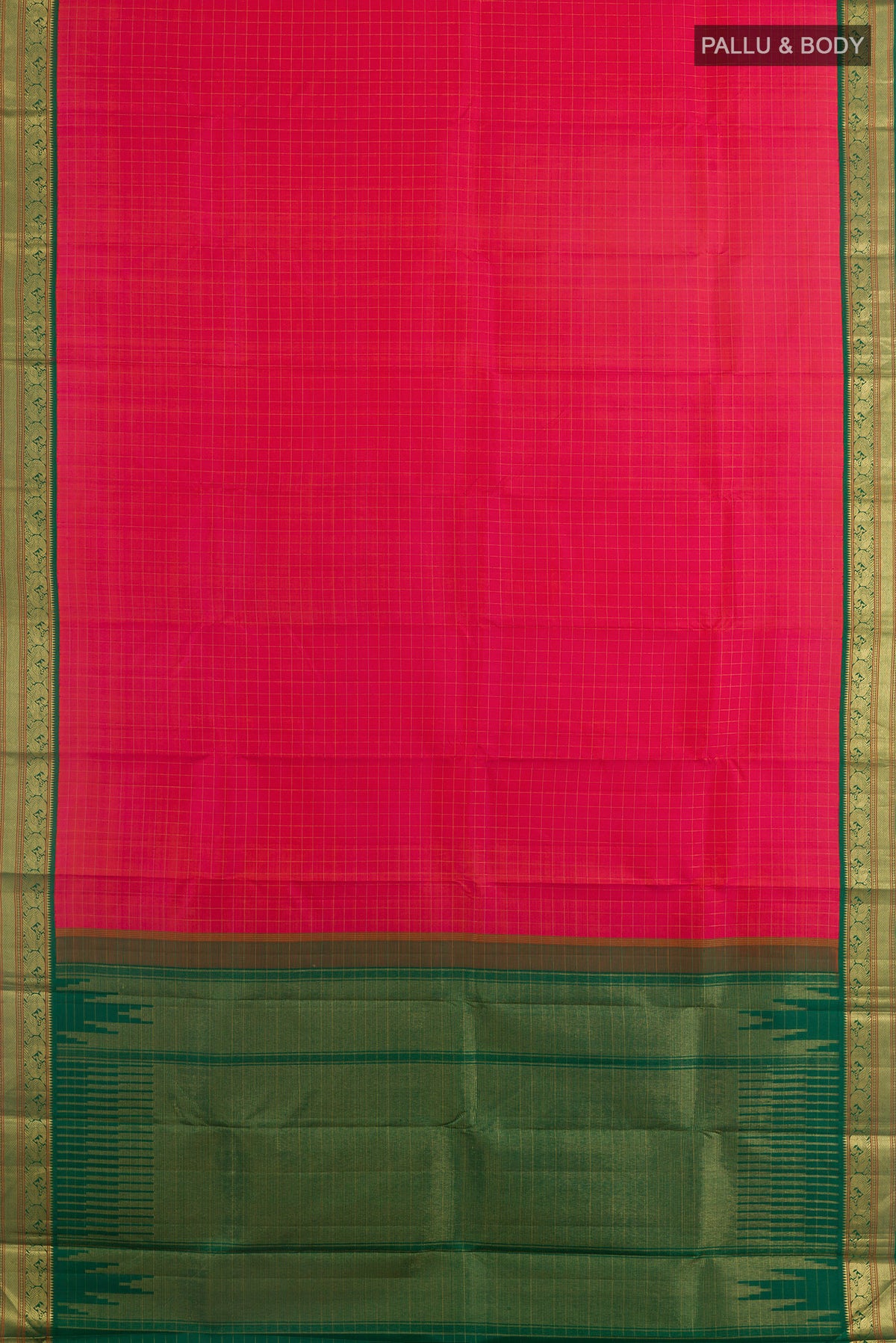 Flat view of Pure Silk Brick Orange Dual Tone Kanjivaram Saree with Checked design on the body and Zari Border. 